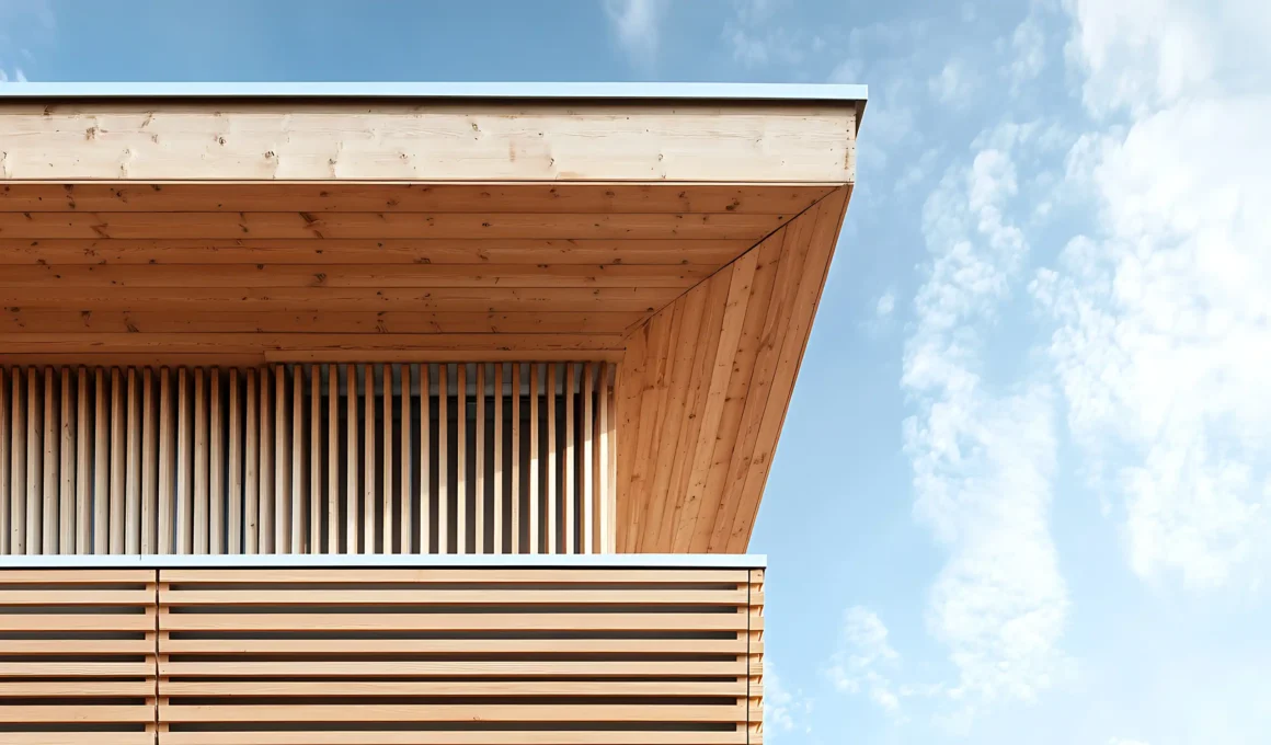 Minimalist contemporary building envelope featuring precise vertical and horizontal natural ThermoWood cladding profiles.