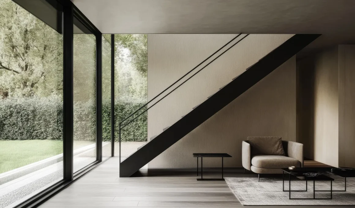 Minimalist custom blackened steel staircase railing acting as the visual spine of a modern living room interior design project.