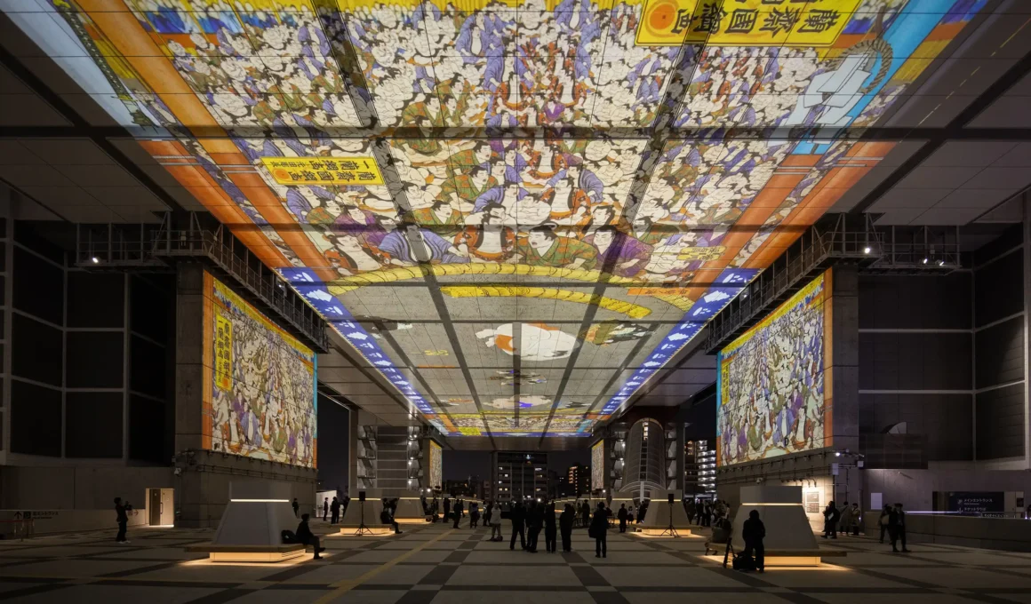 Edo-Tokyo Museum OMA renovation by Shohei Shigematsu, third-floor plaza, ukiyo-e sumo wrestling print projected across full underside of Kikutake Metabolist building and pilotis, visitors below, Tokyo
