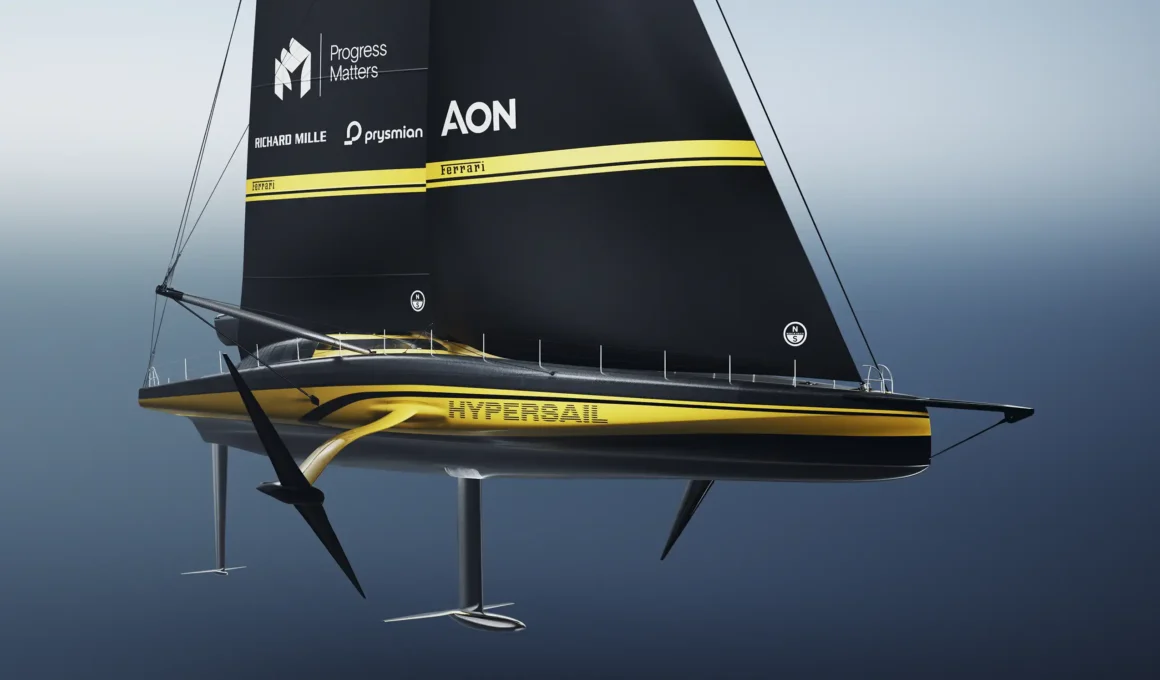 Close-up of the Ferrari Hypersail yacht hull and foils showing the Giallo Fly and Grigio Hypersail livery.