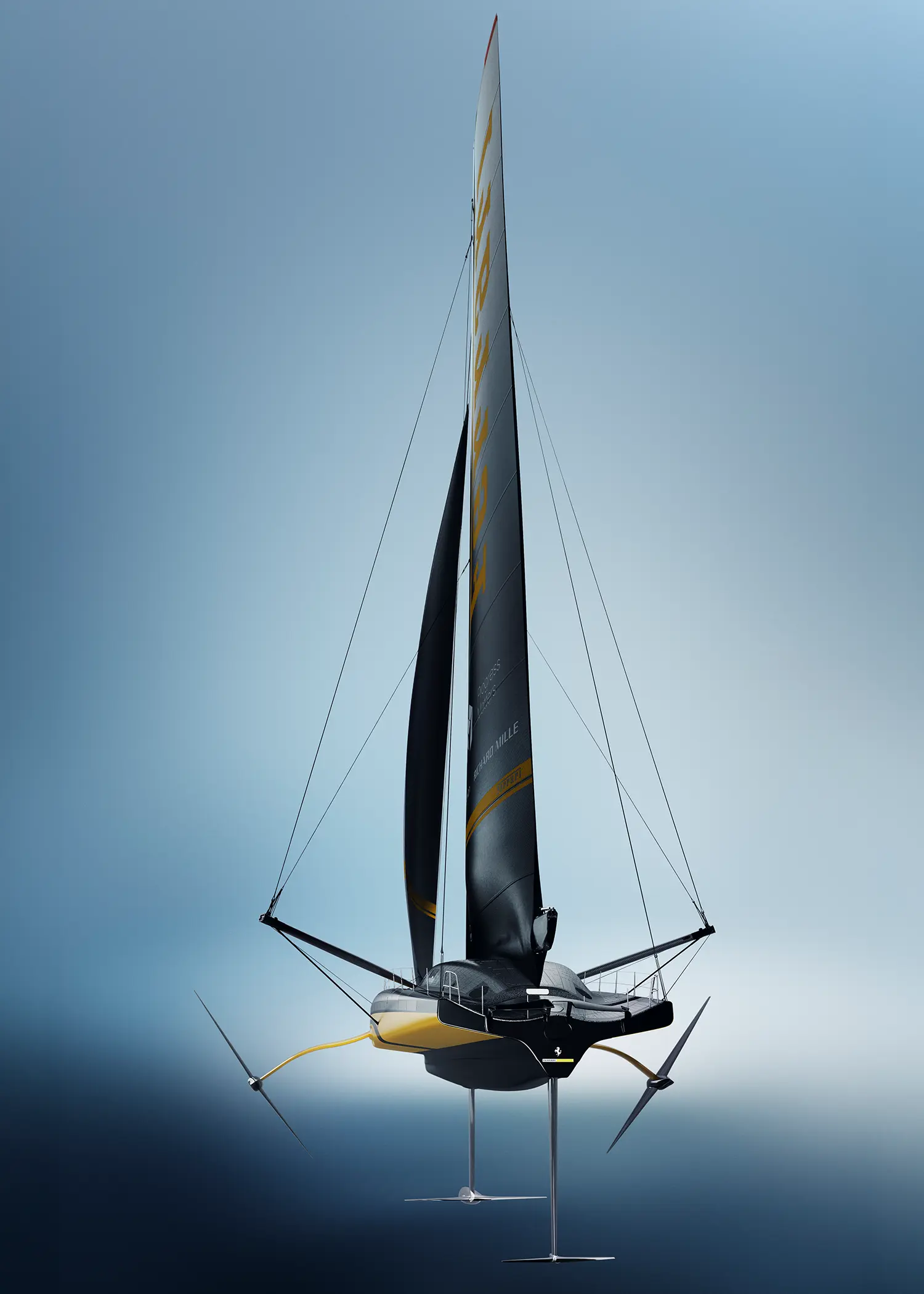 Vertical perspective of the Ferrari Hypersail monohull flying on foils against a blue gradient background.