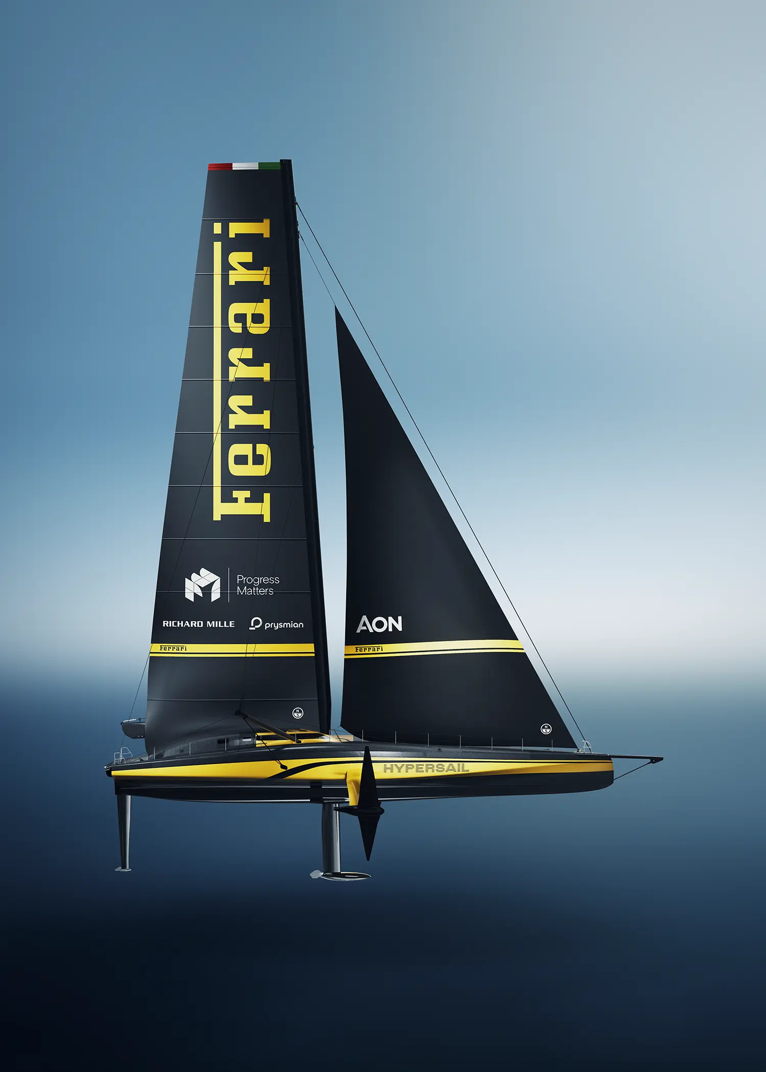 Full side profile of the Ferrari Hypersail yacht with the elongated Ferrari logo and partner branding on the sails.