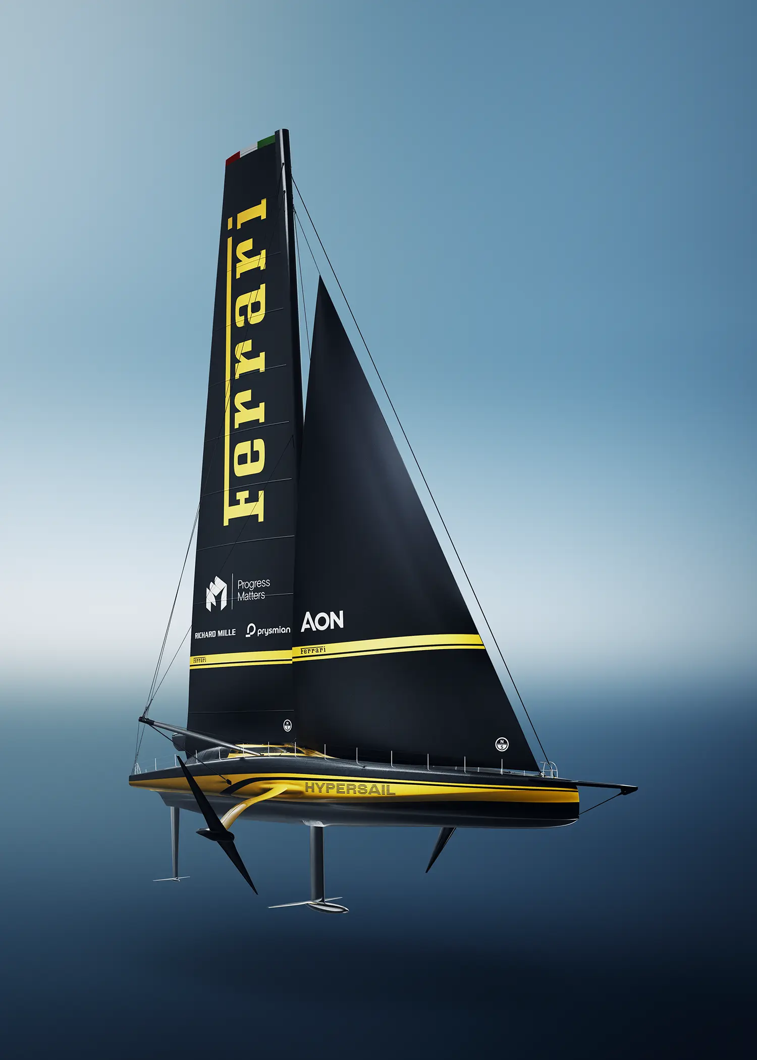 Three-quarter view of the Ferrari Hypersail yacht showcasing the deck architecture and sail configuration.