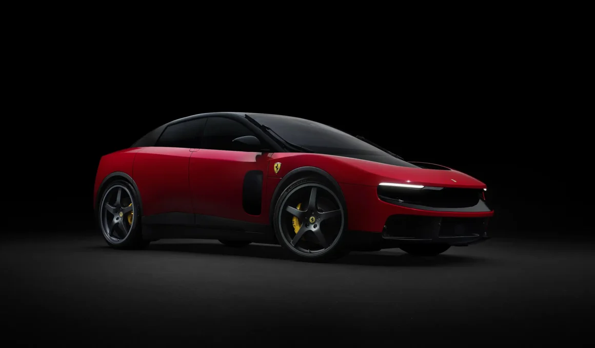 Ferrari Luce by LoveFrom and Centro Stile Ferrari, three-quarter front view, red body with black glass house, 23-inch wheels