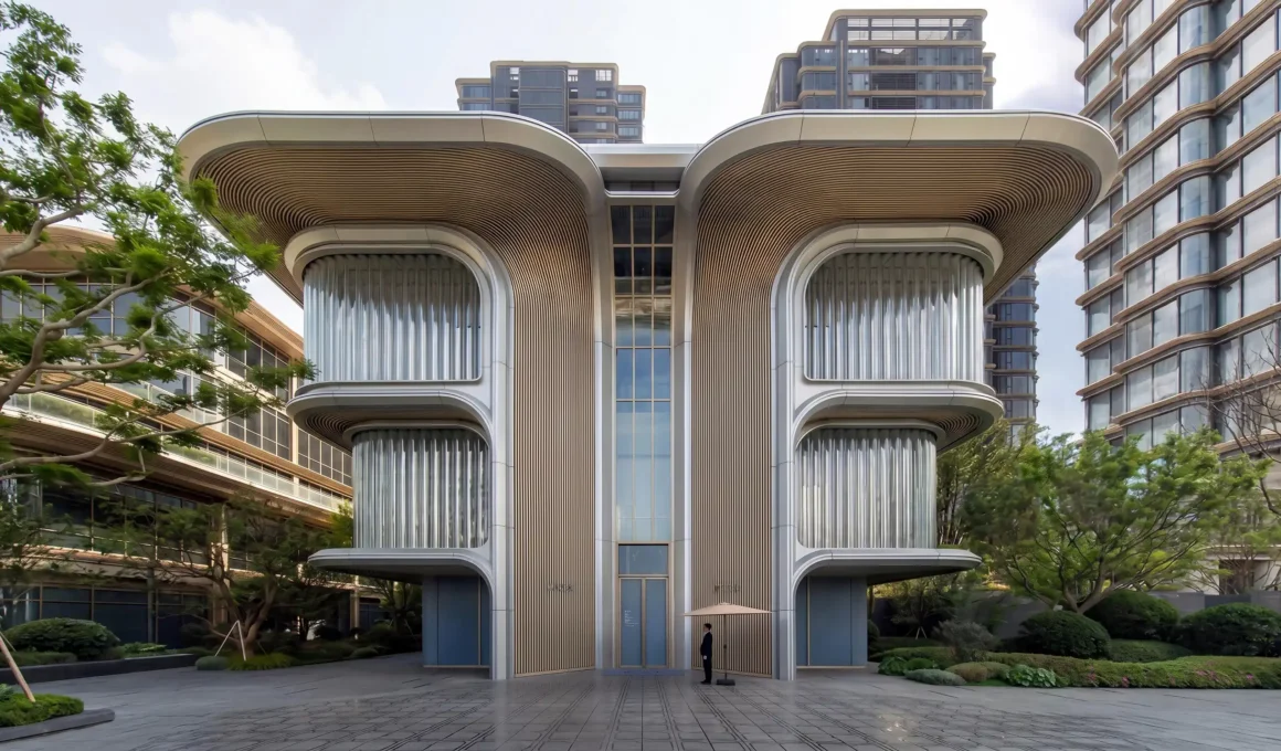 Jia Art by Foster + Partners, symmetrical petal-form facade with tubular glass ribs and stainless steel panelling, Changfeng Shanghai
