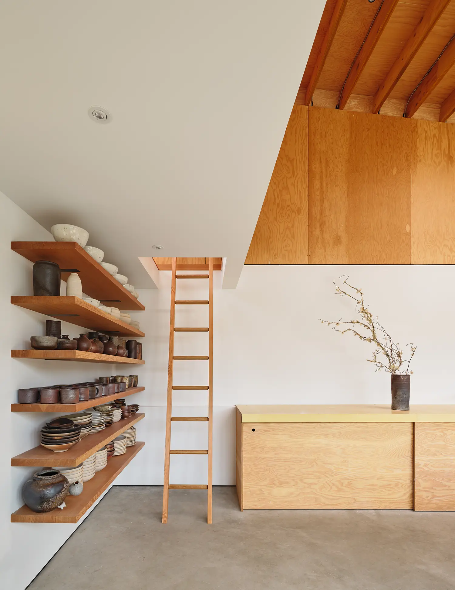 Minimalist interior view featuring a timber ladder leading to a loft next to open shelving filled with dark ceramics.