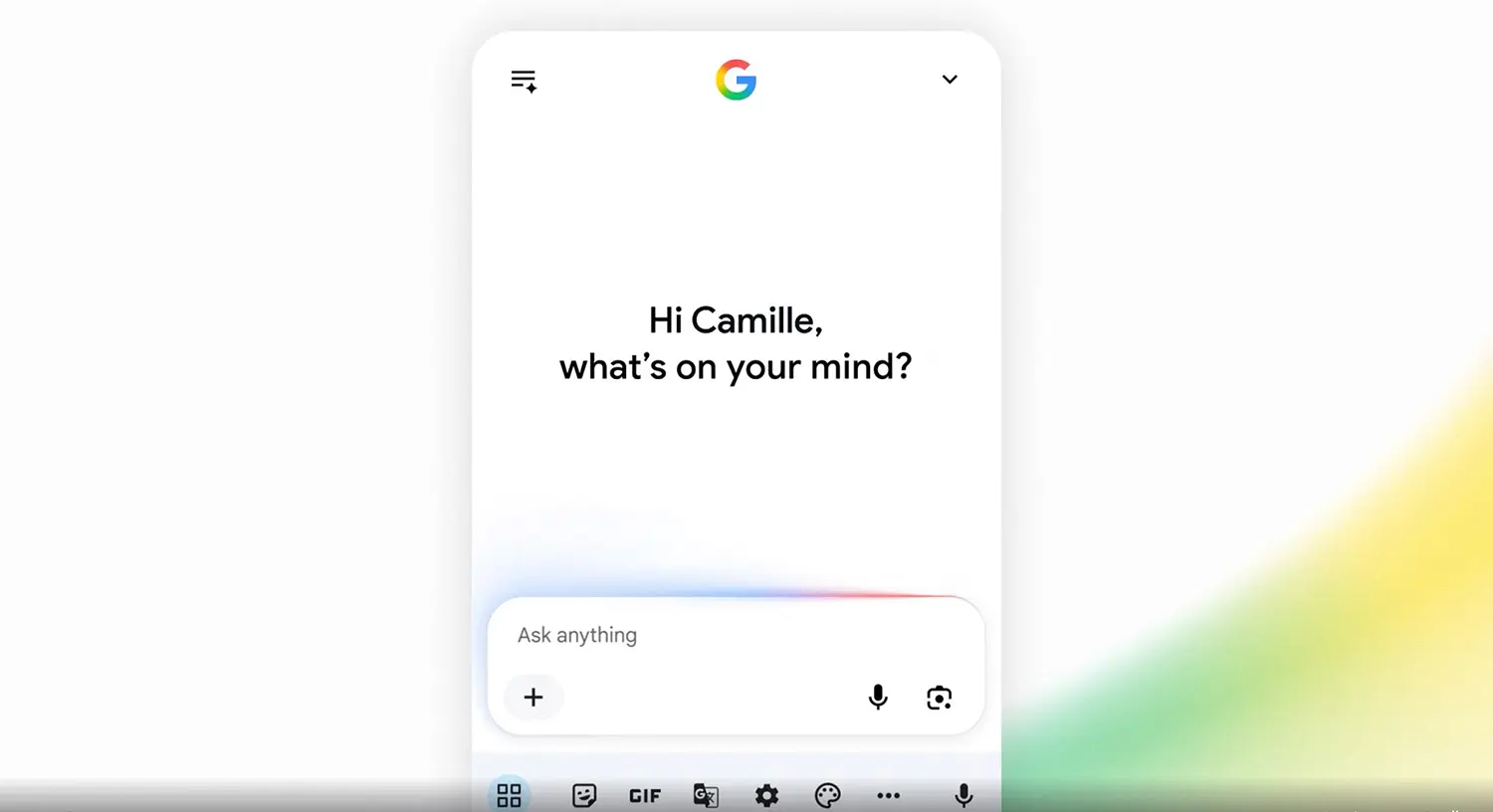 Mobile UI screen with a Google logo, reading Hi Camille, what's on your mind? and an empty prompt field.