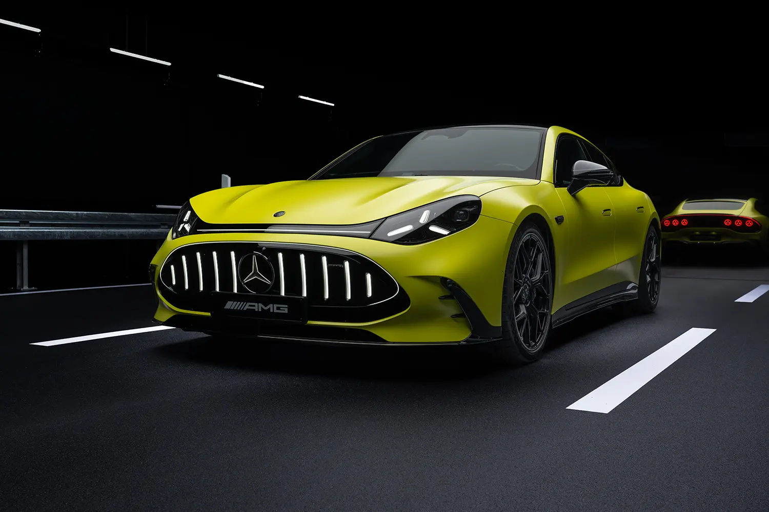 Side profile view of a copper-orange Mercedes-AMG GT electric coupe showcasing an elongated wheelbase and fastback roofline.