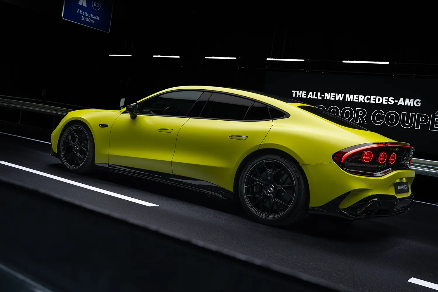 Rear view of a copper-orange Mercedes-AMG GT vehicle highlighting six circular turbine-style taillights and a lower diffuser.