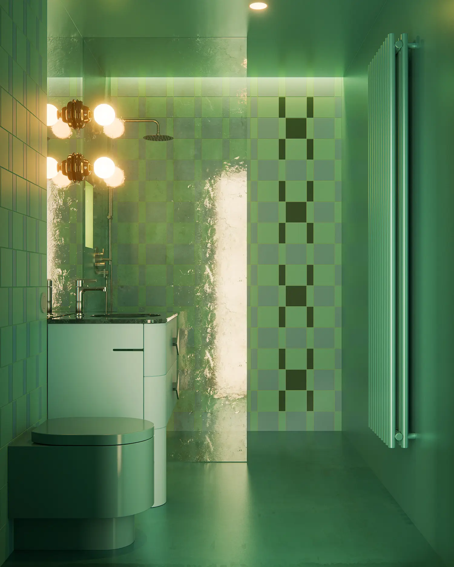 Monochromatic green bathroom with custom checkered tile composition, floating vanity, lighted mirror reflection.