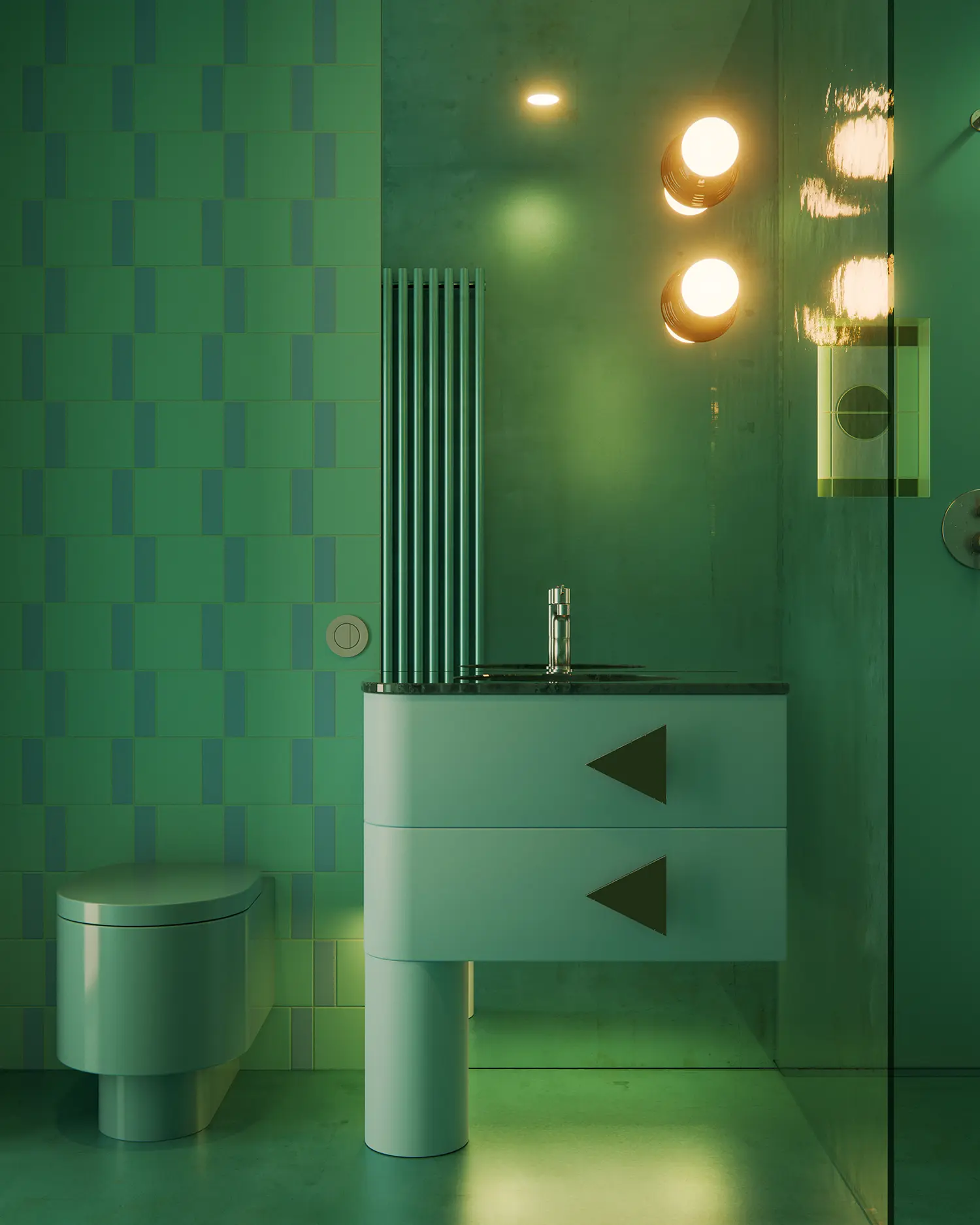Close-up of green bathroom vanity with triangular brass pulls, matching green toilet, globe light fixtures.