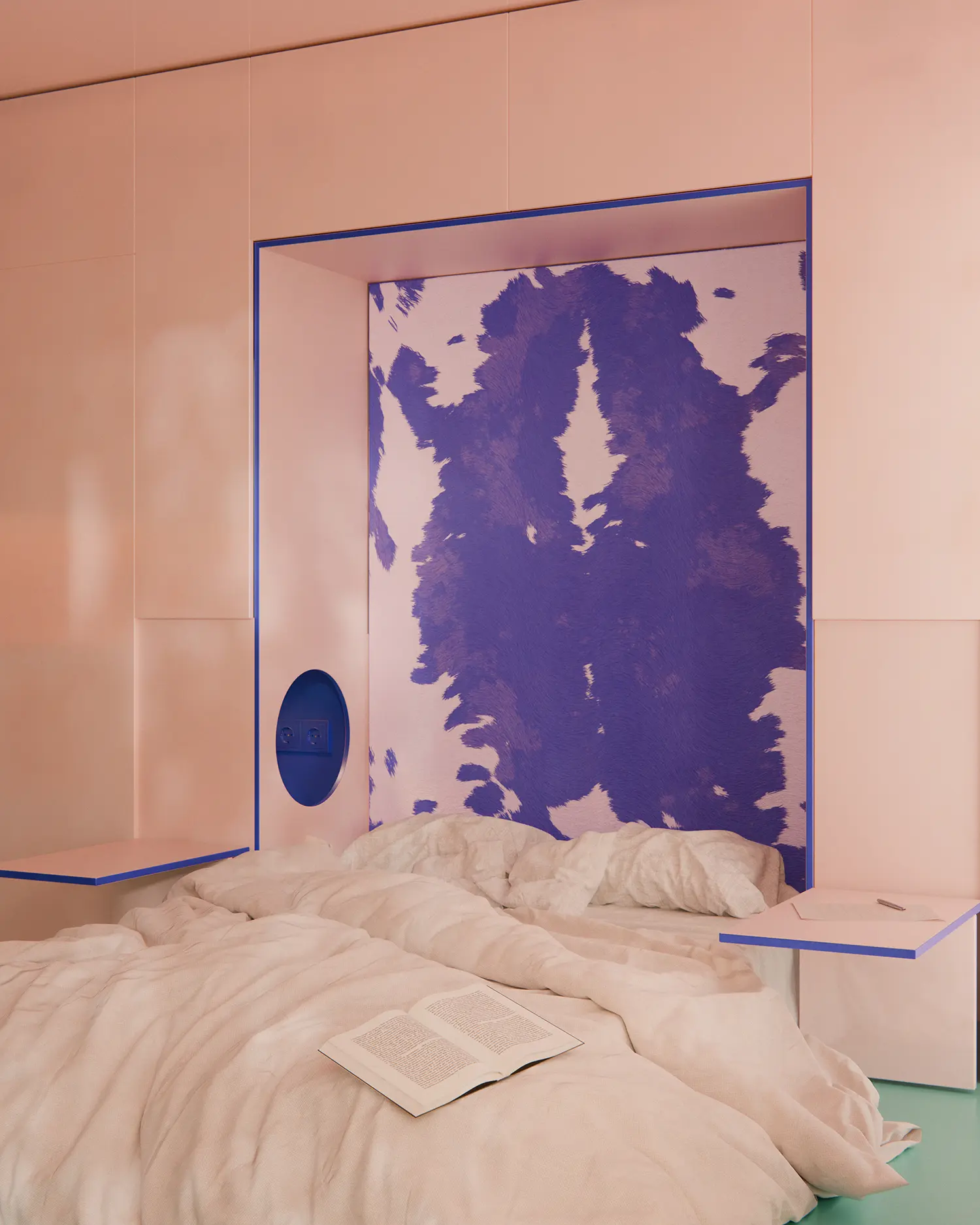 Extended fold-away double bed framed by pink wall panels, integrated blue circular bedside outlets.