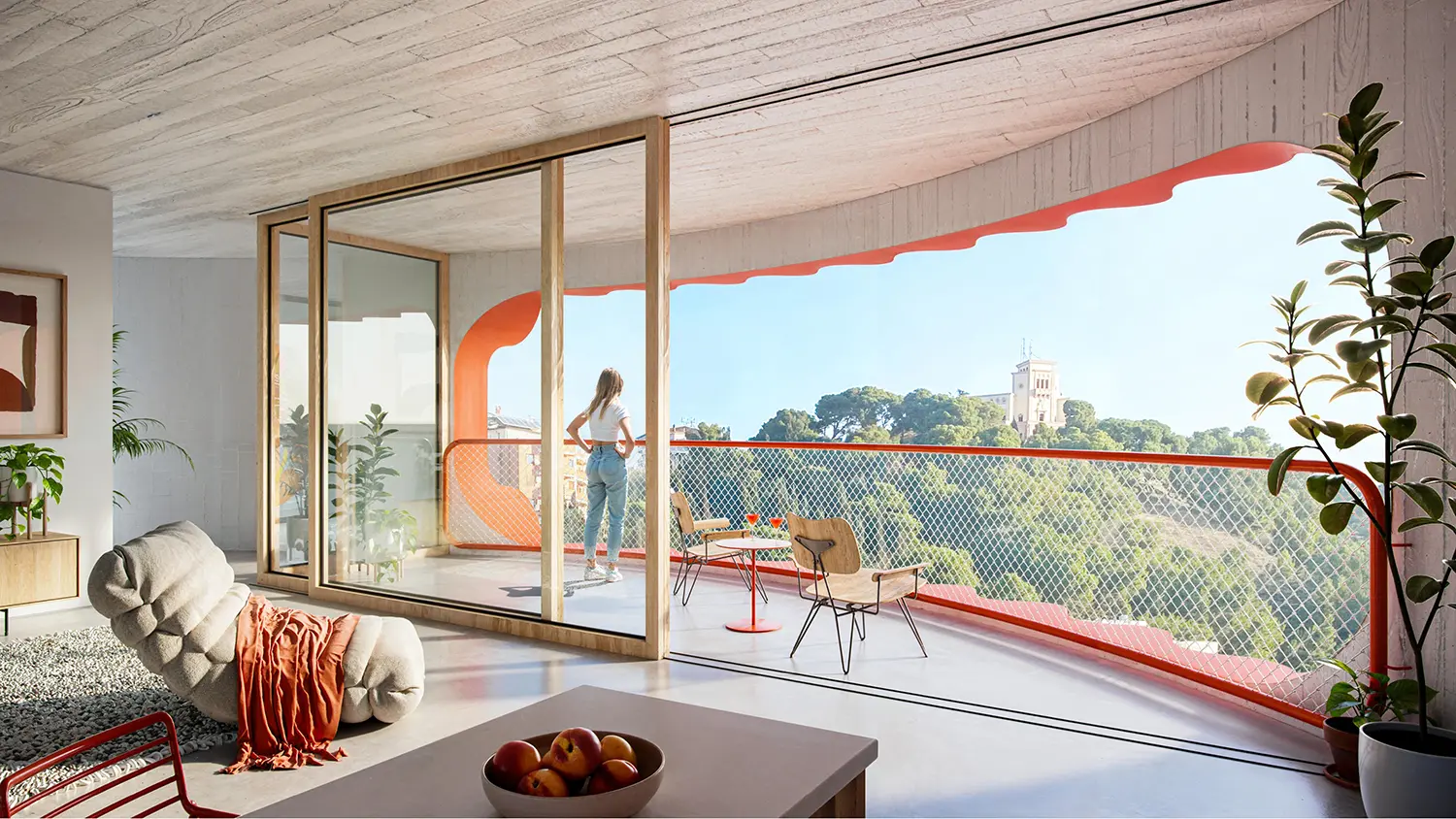 Modern interior of a Sky-K apartment featuring a large curved opening overlooking the hills of Durrës.