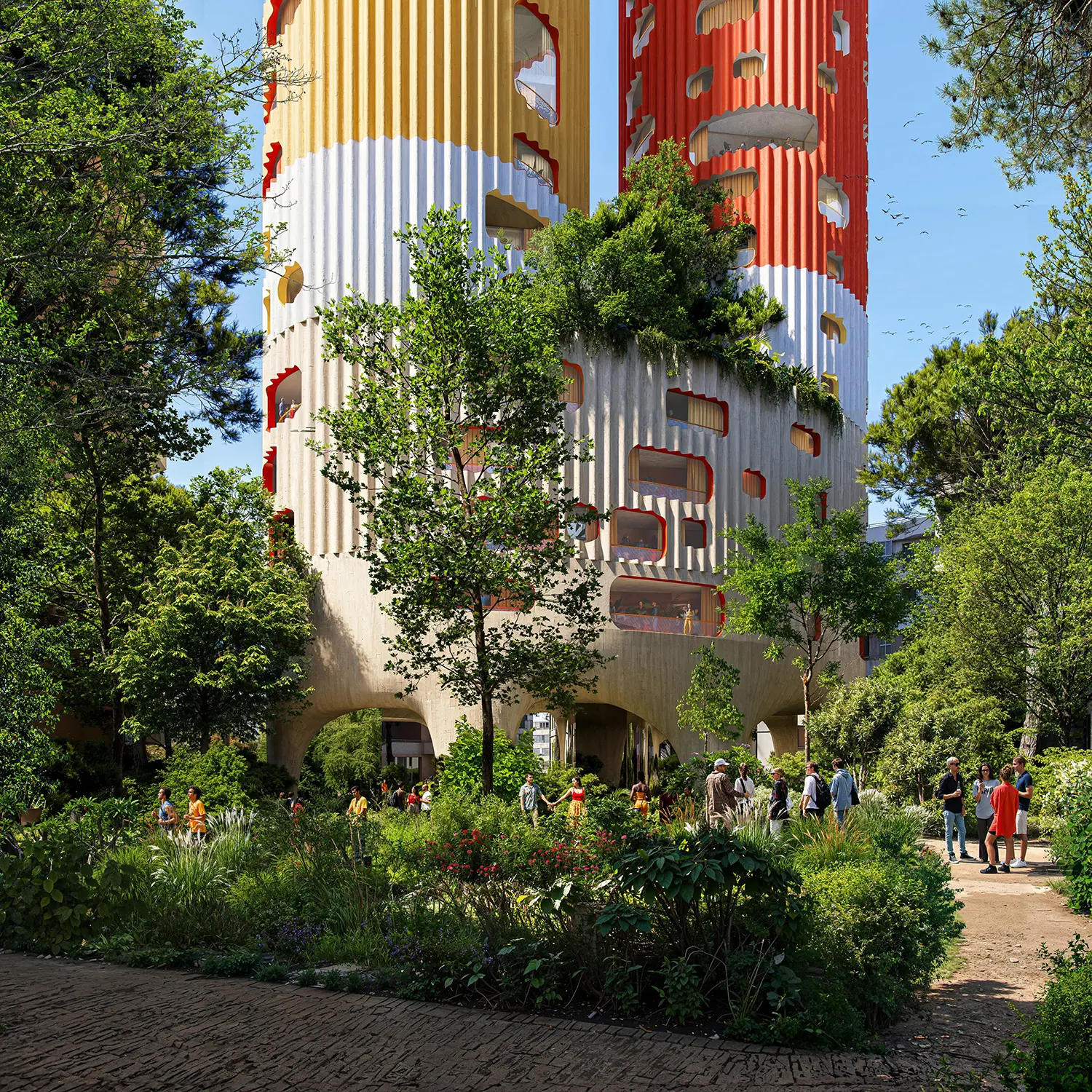 Ground level view of the oval-shaped podium and concrete columns of Sky-K surrounded by a lush garden.