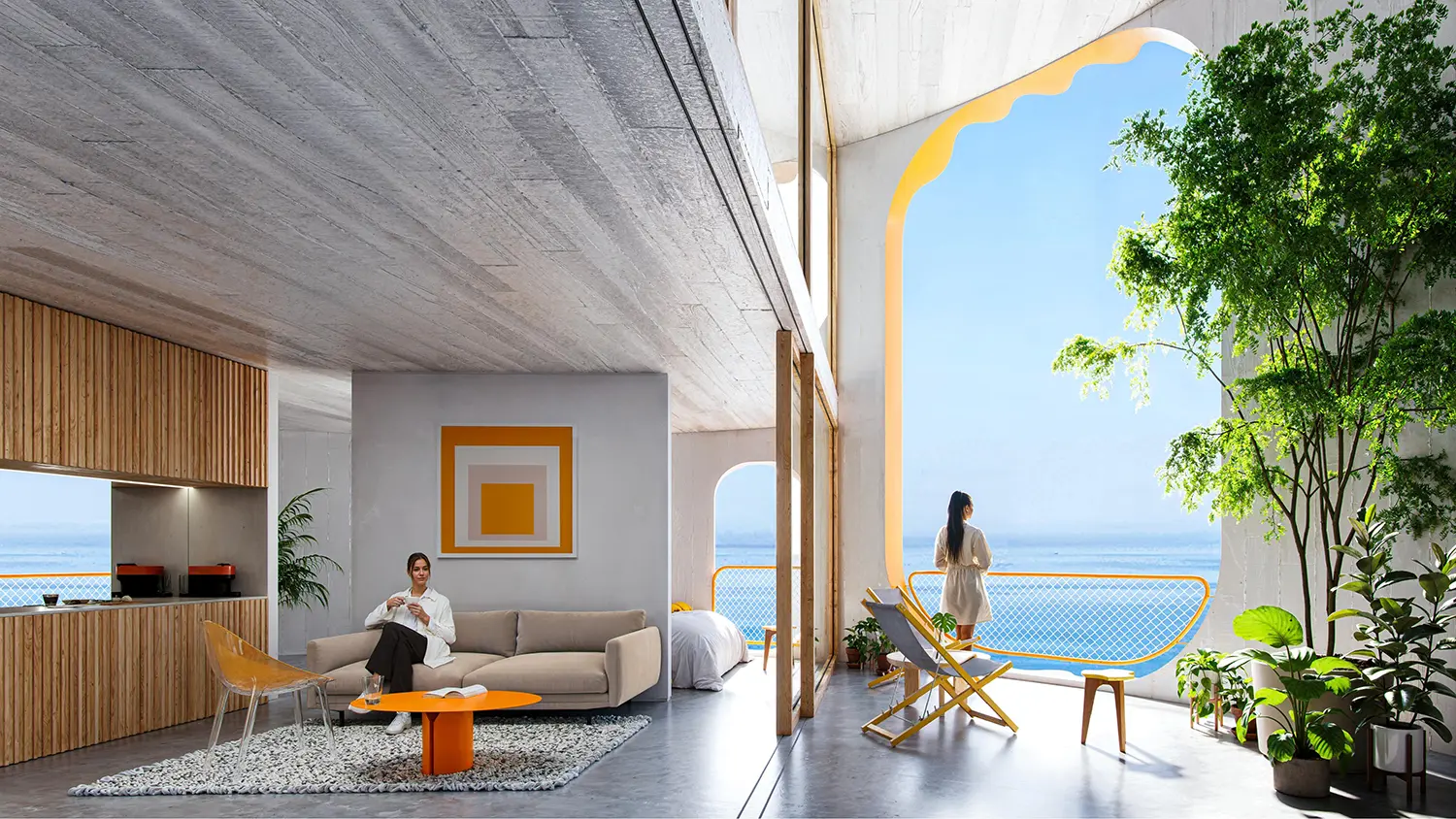 Interior view of a Sky-K unit with sea views through a large, yellow-framed organic aperture.
