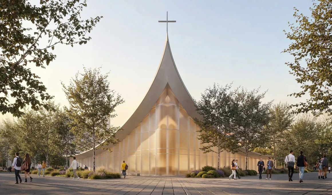 Front view of a contemporary church with a tall, white sweeping sail-like roof topped with a cross, featuring a translucent glass facade.