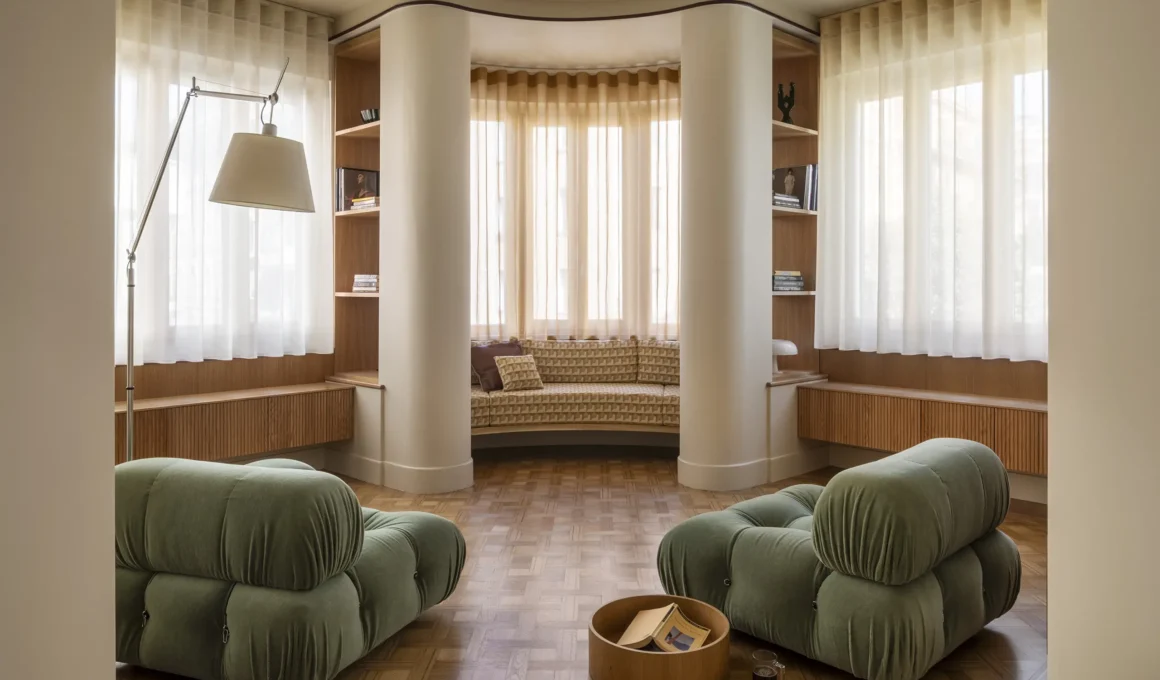 Living room with green velvet Camaleonda sofas, restored oak parquet, and structural columns converted into built-in bookshelves.