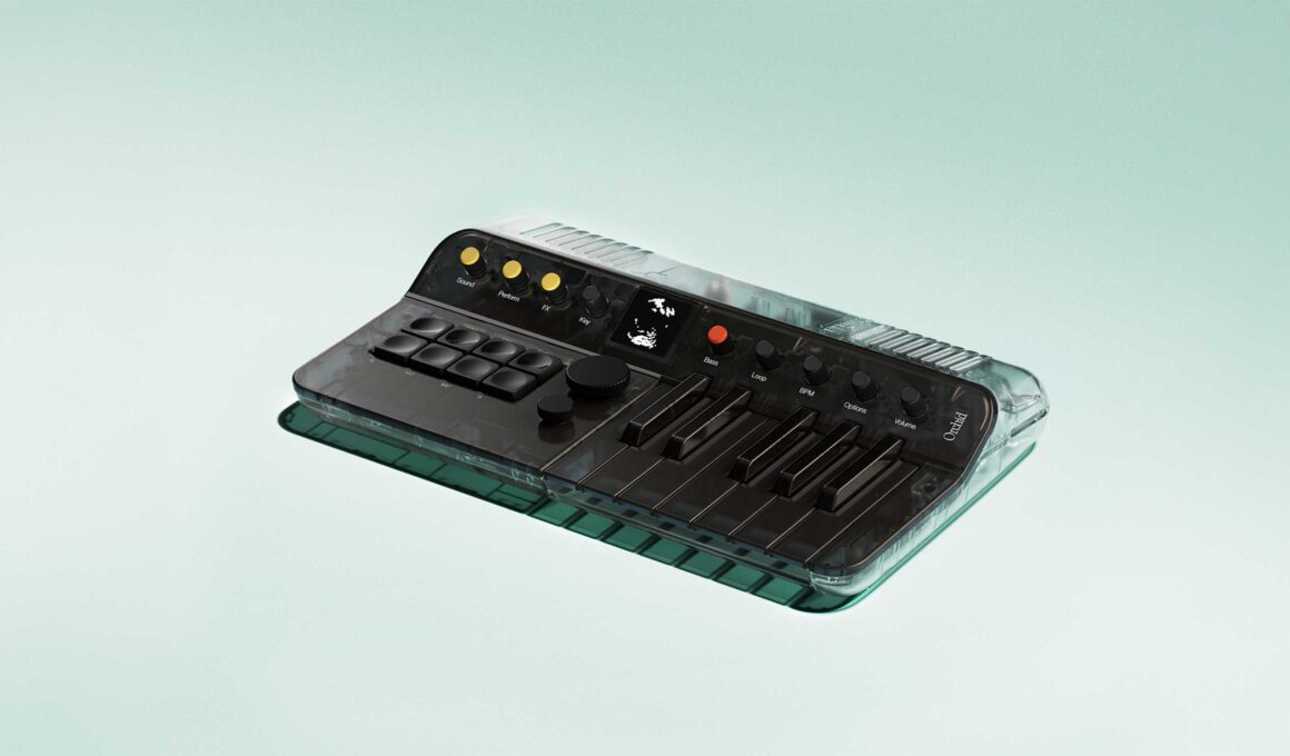 Isometric view of the Clear Orchid: Arctic synthesizer showing its translucent smoke-grey top and crystalline base.