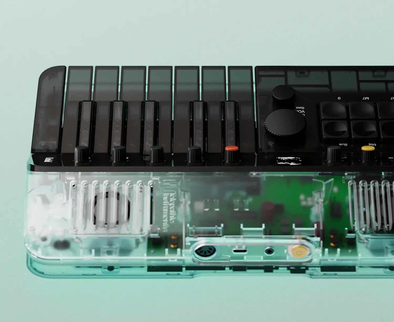 Rear view of the Clear Orchid: Arctic showing the green circuit board, MIDI ports, and USB-C connection through a clear shell.