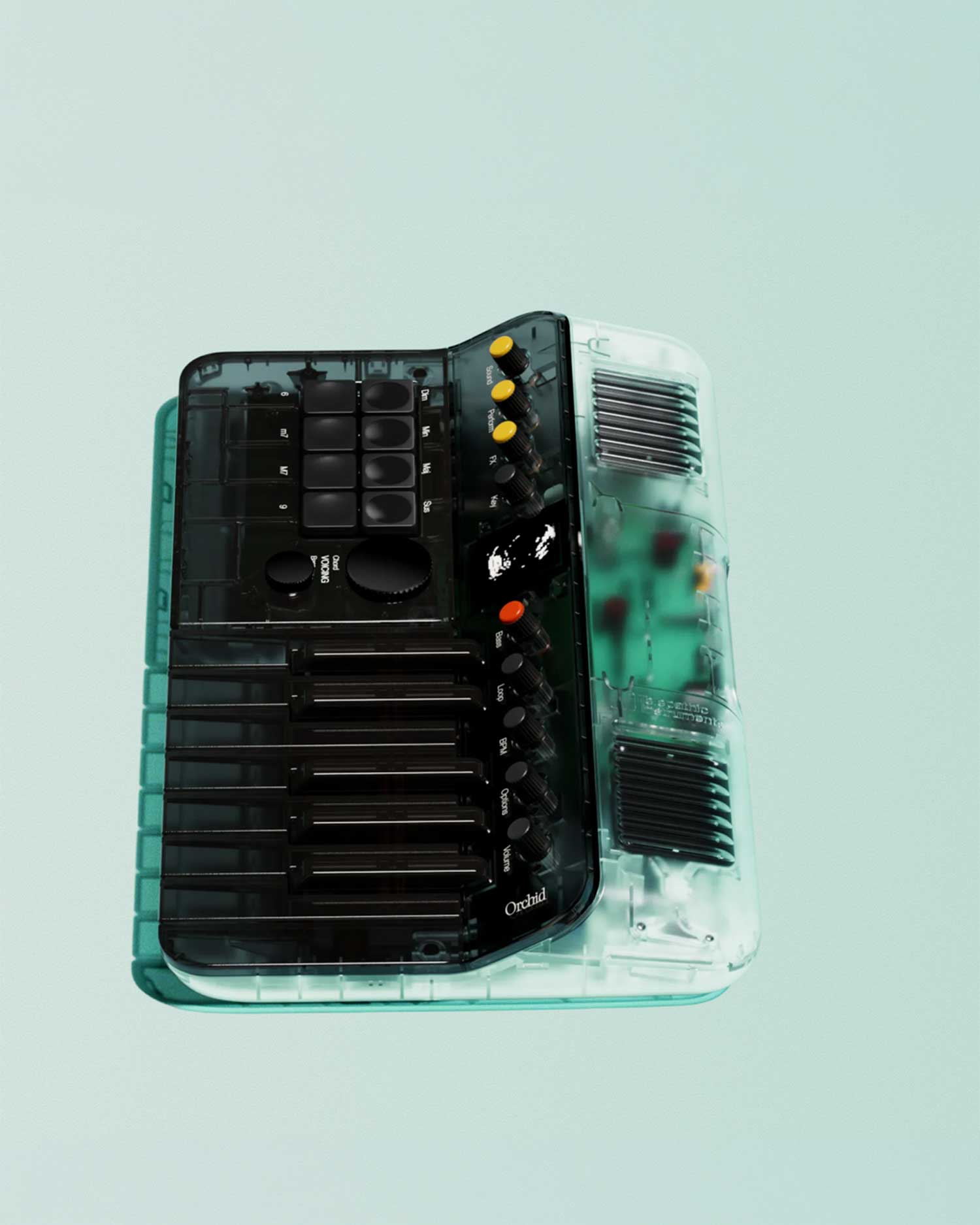 Vertical top-down view of the Clear Orchid: Arctic synthesizer highlighting its compact, ergonomic layout.