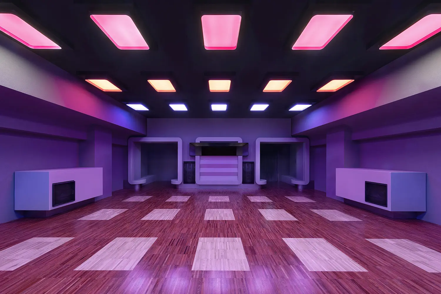 DURO club Milan Velvet Studio, dancefloor with pink LED ceiling panels, DJ booth centered at rear, parquet and concrete floor
