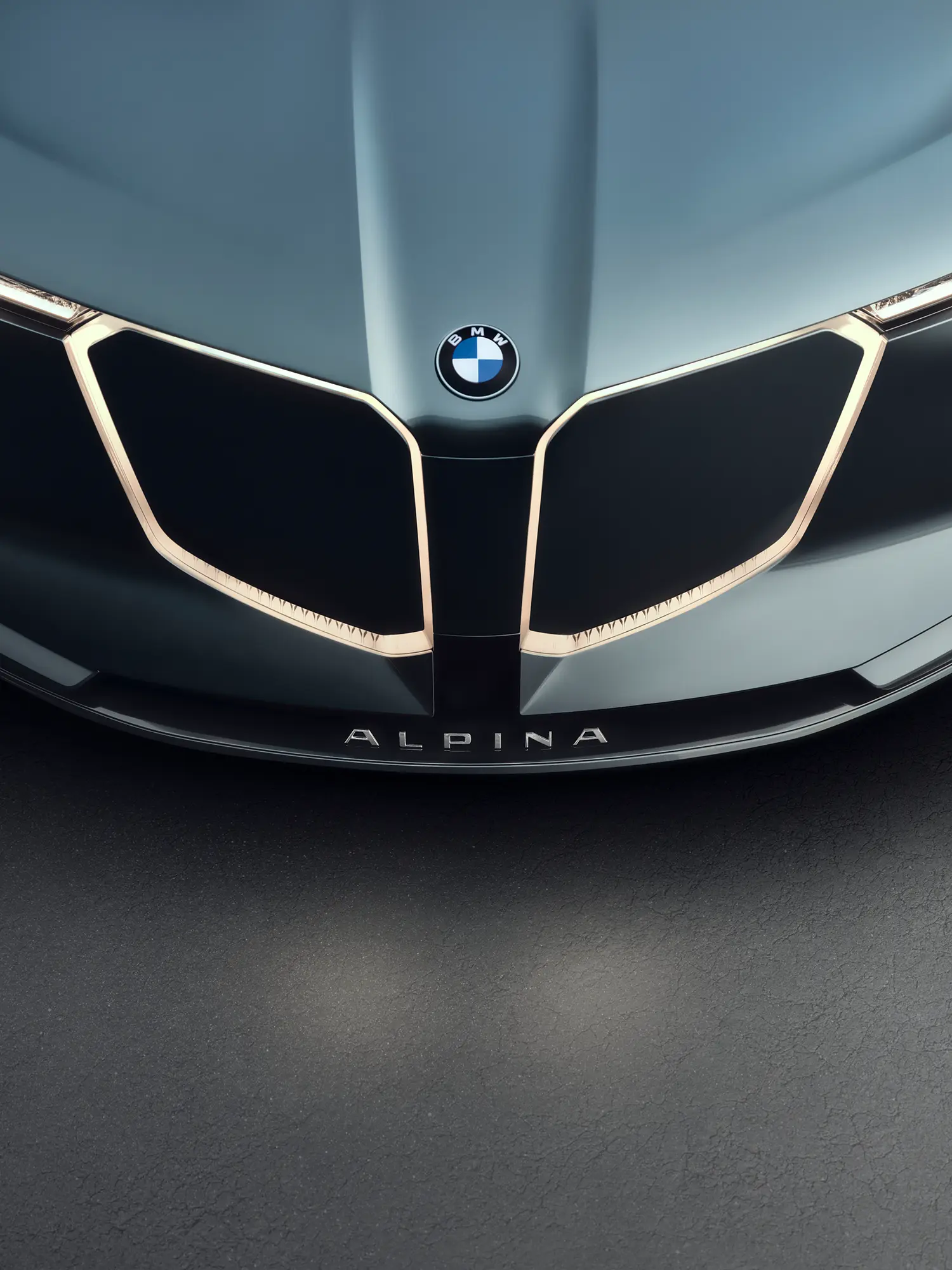 Close-up shot of the front grille and hood of the Vision BMW ALPINA showing the illuminated border and logo.