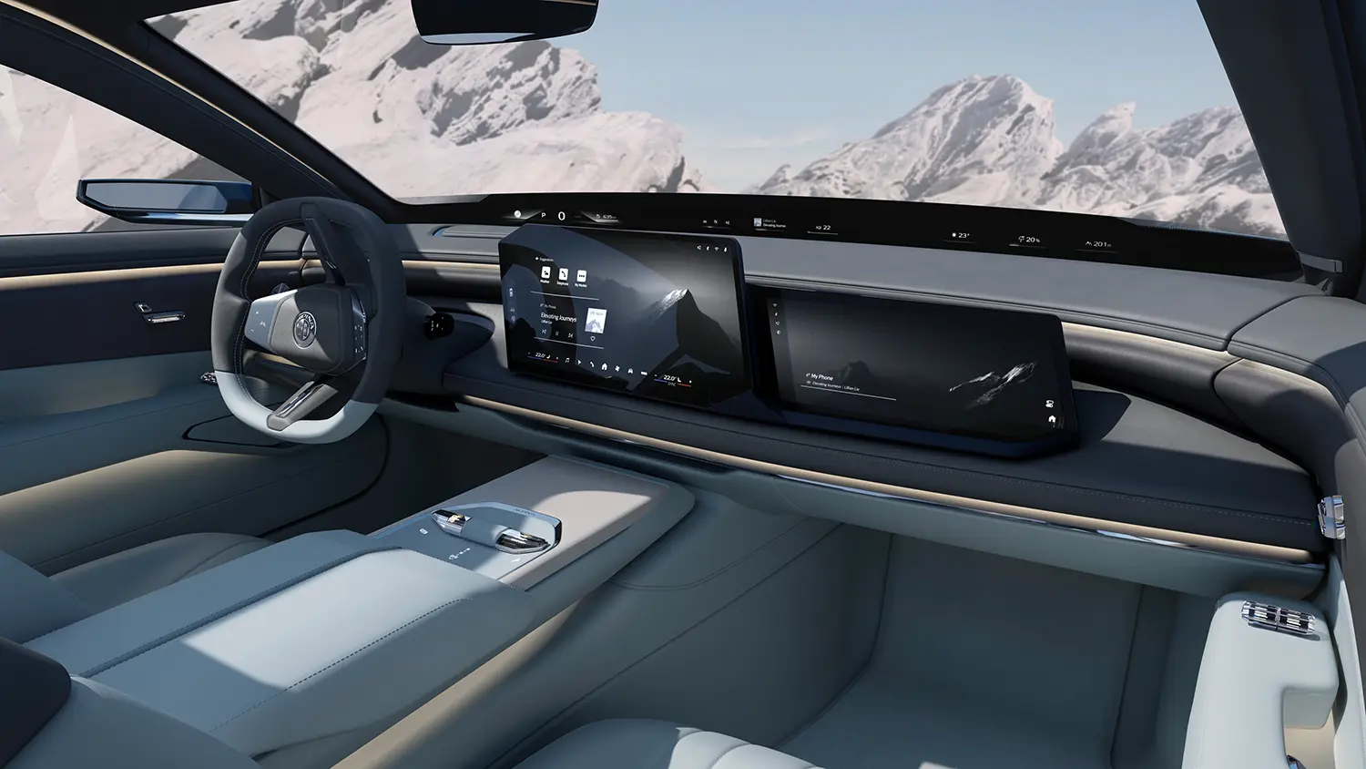 Perspective interior view of the digital cockpit dashboard of the Vision BMW ALPINA looking from the passenger side.