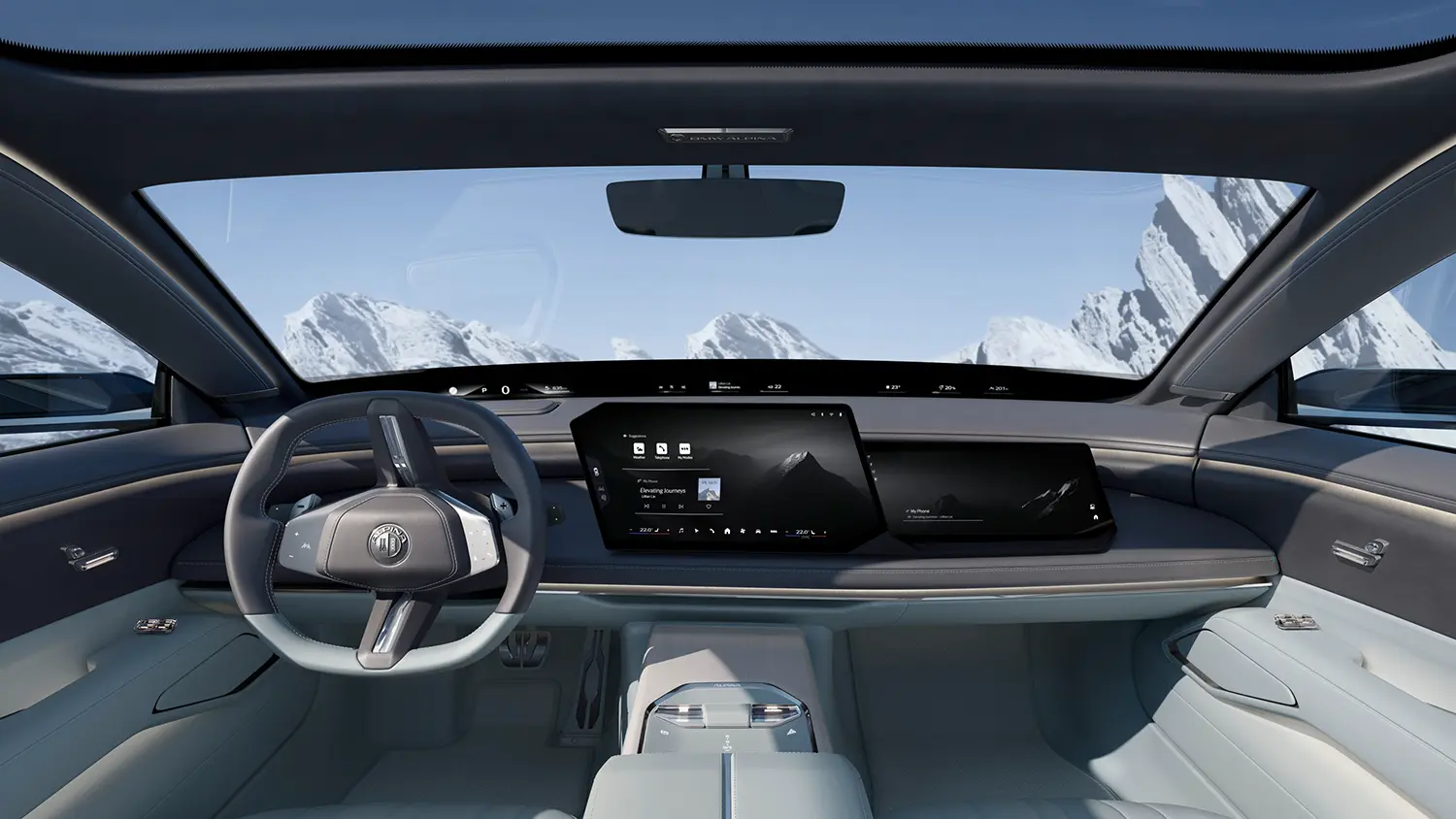 Symmetric driver-centric view of the front dashboard, steering wheel, and screens inside the concept car cabin.