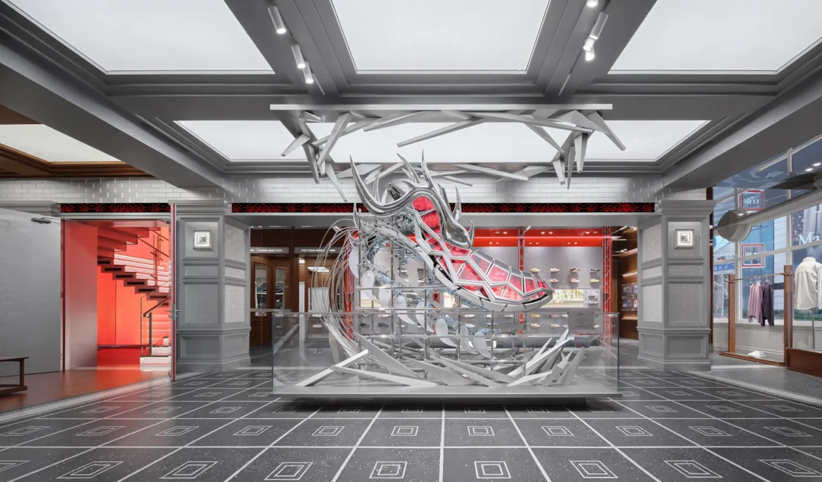 Warrior 1927 Concept Flagship Store by STILL YOUNG, ground floor entrance, dragon-shoe kinetic installation, metallic armature, red LED panels, terrazzo floor with "回" pattern, Shikumen interior