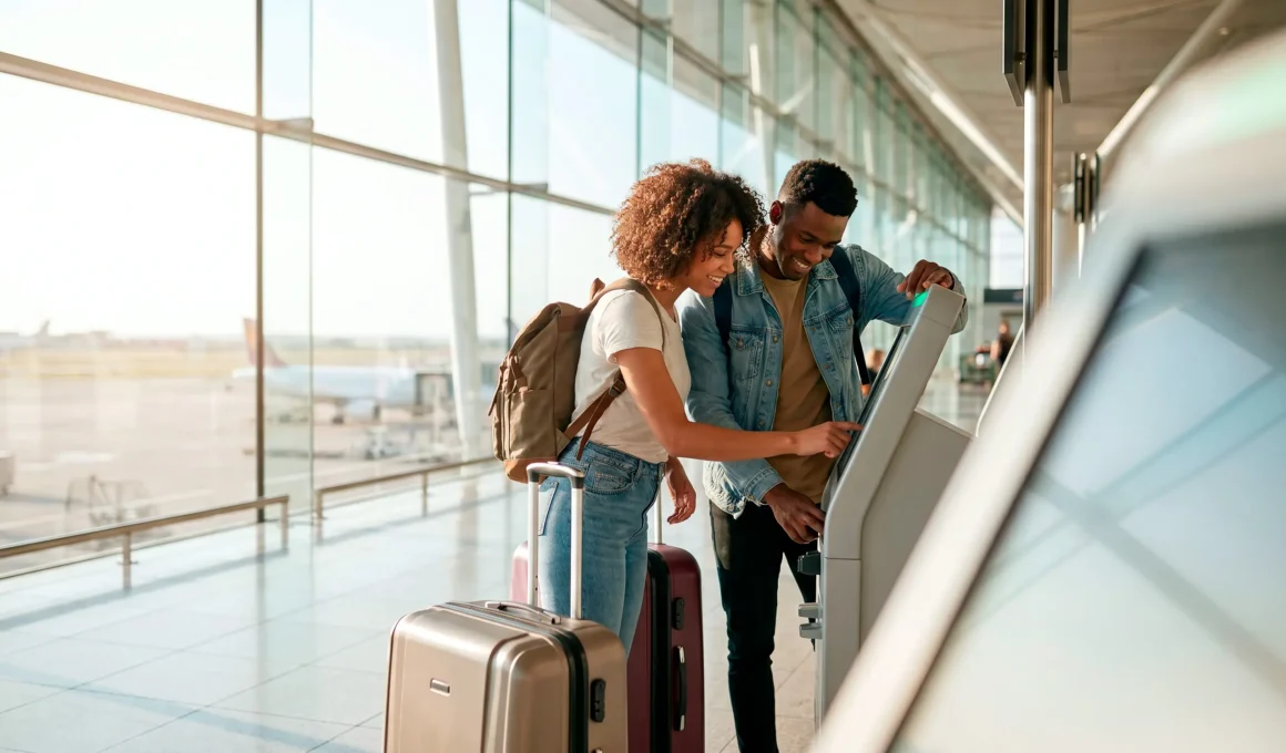 Couple using self-service check-in kiosk at modern airport terminal with aircraft visible through floor-to-ceiling windows