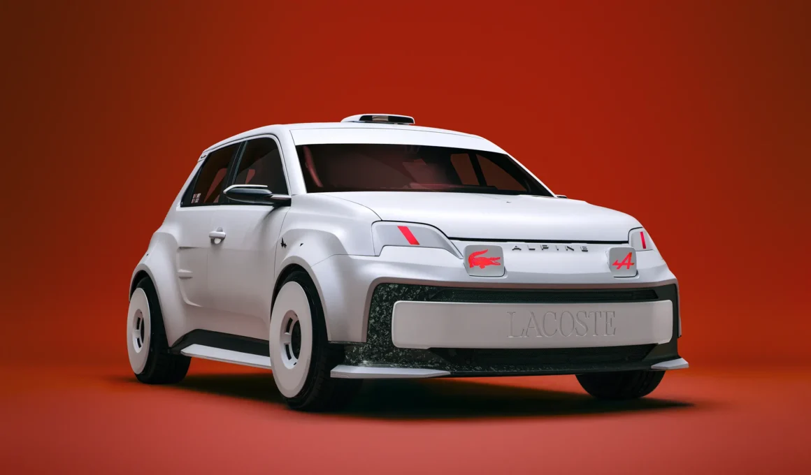 Front three-quarter view of Beware of the Crocodile Alpine Lacoste A290 Rallye, white bodywork with red crocodile badge and exposed carbon front splitter