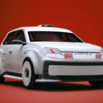 Front three-quarter view of Beware of the Crocodile Alpine Lacoste A290 Rallye, white bodywork with red crocodile badge and exposed carbon front splitter
