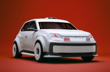 Front three-quarter view of Beware of the Crocodile Alpine Lacoste A290 Rallye, white bodywork with red crocodile badge and exposed carbon front splitter