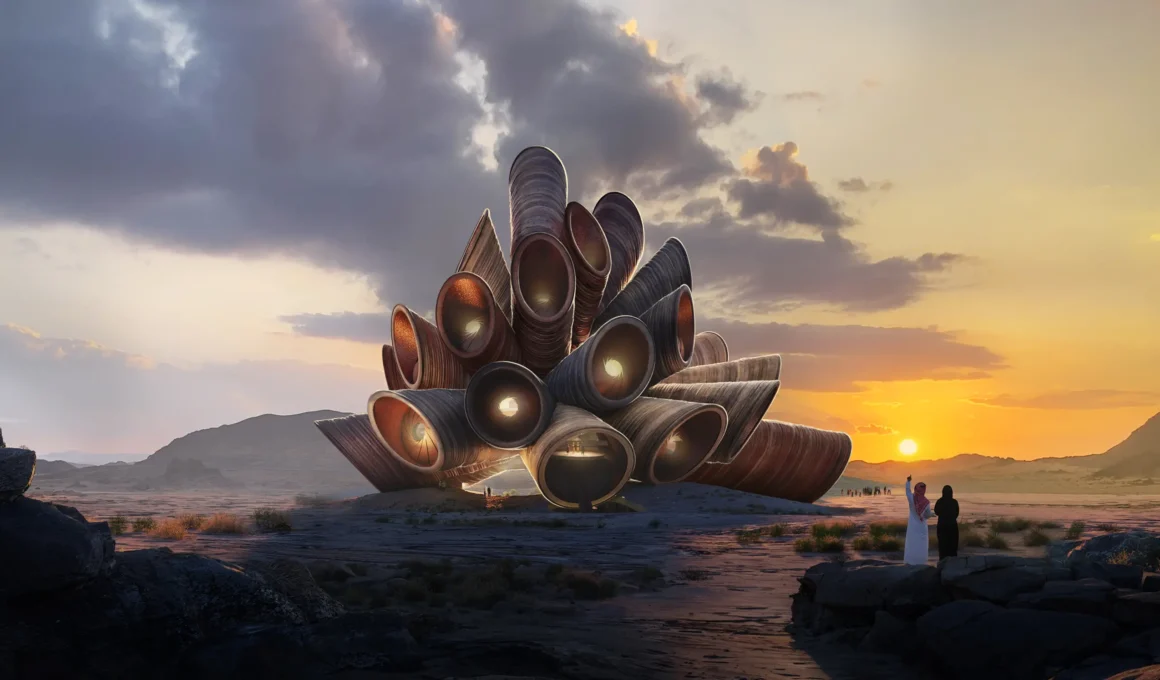 AlUla Manara Heatherwick Studio astrotourism visitor centre Saudi Arabia desert sunset tubular stone forms two figures