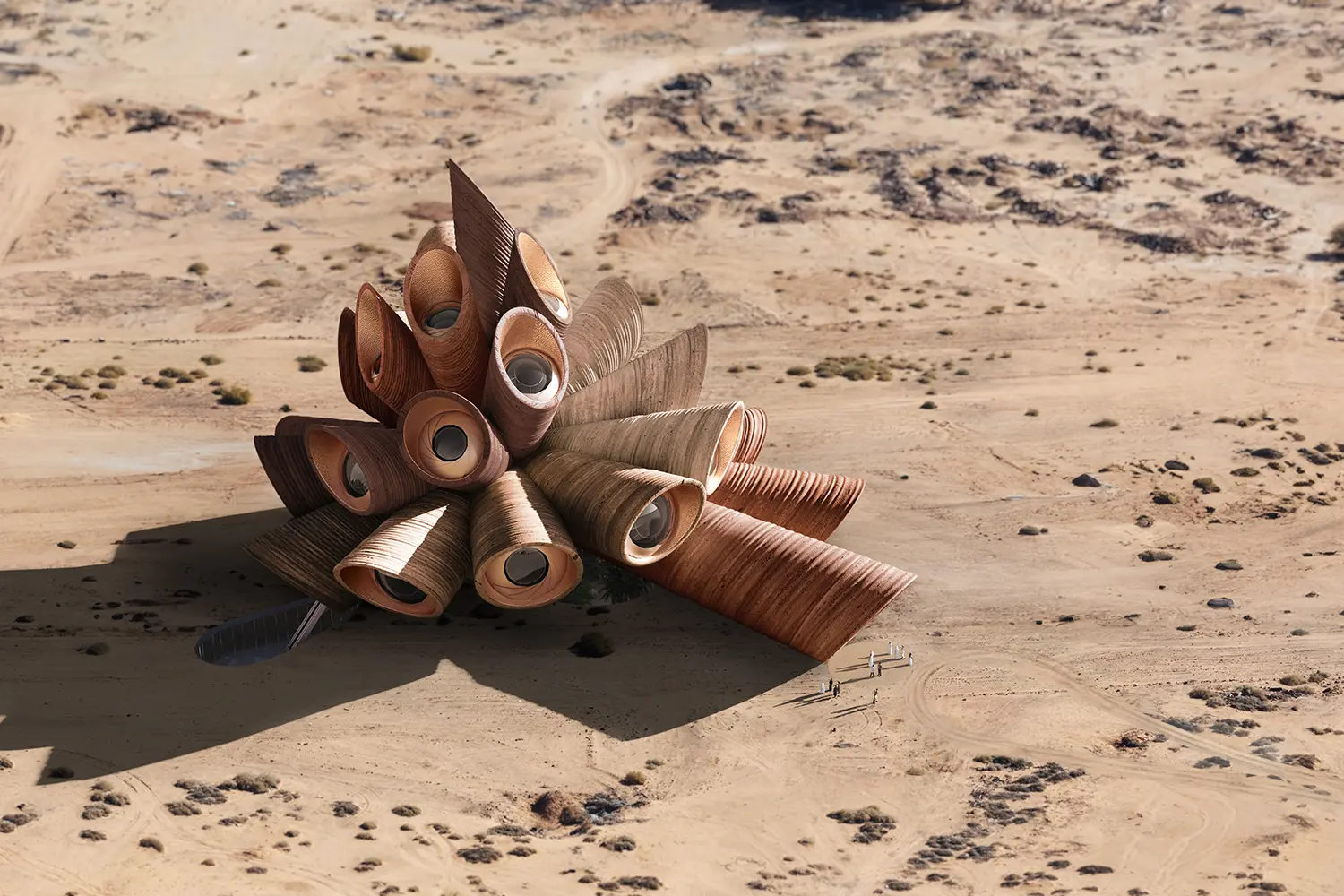 AlUla Manara Heatherwick Studio aerial view Saudi Arabia desert sandstone tubular cluster visitors scale