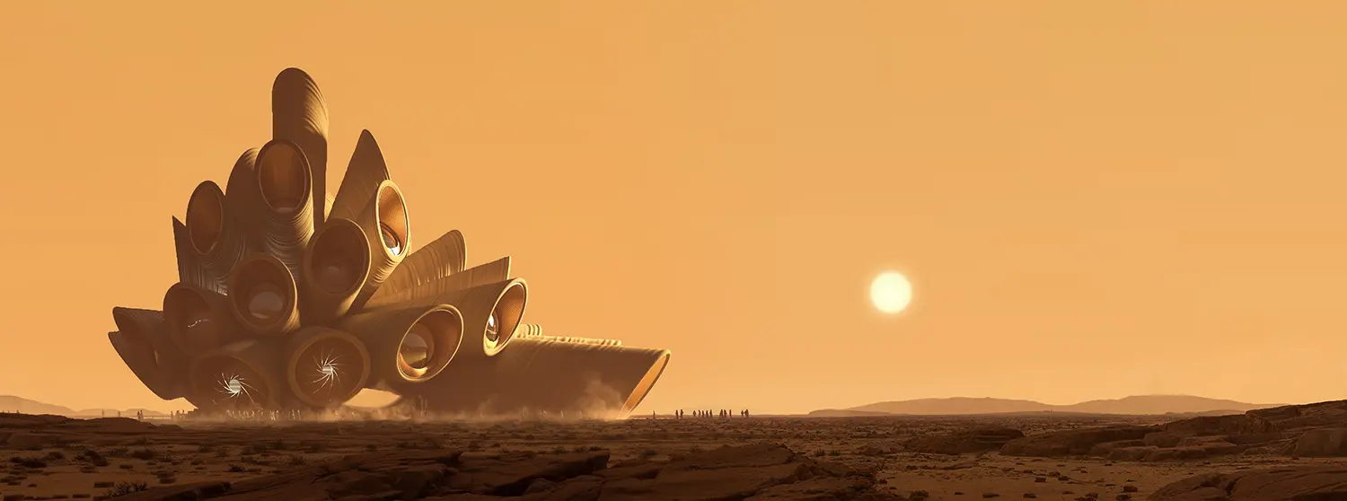 AlUla Manara Heatherwick Studio desert landscape daytime orange sky low sun horizontal panoramic render