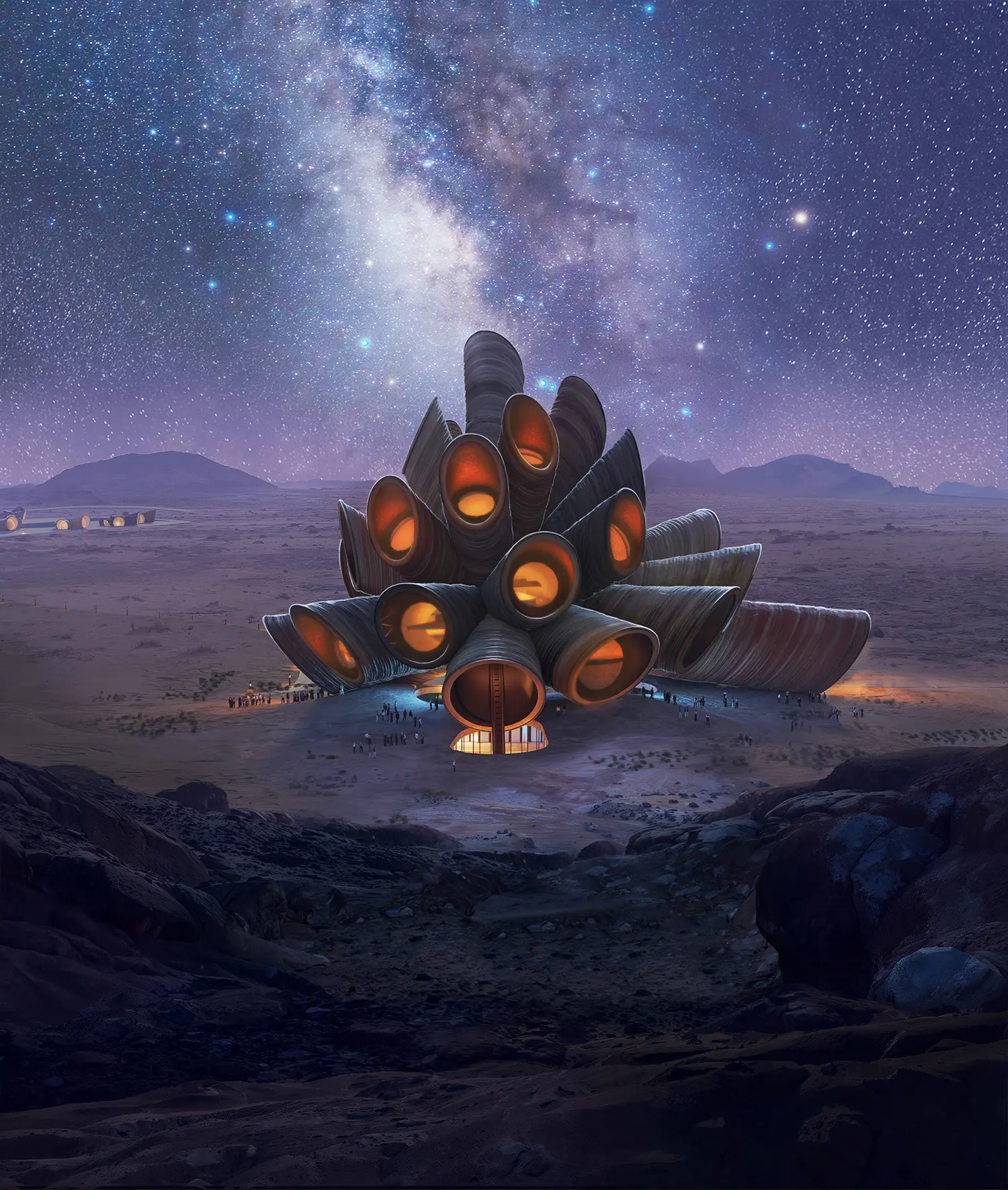 AlUla Manara Heatherwick Studio night render Milky Way tubular forms illuminated masterplan accommodation pods desert