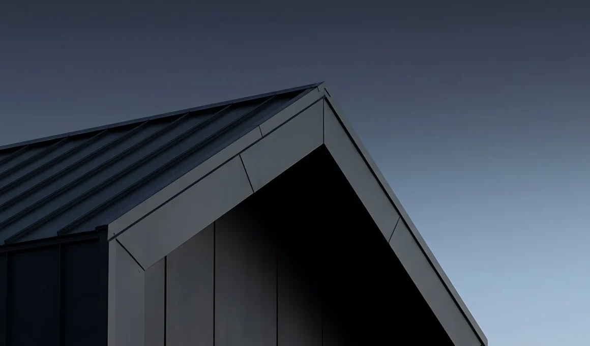 Modern house exterior with dark metal roof and aluminium guttering system against dusk sky, clean architectural facade