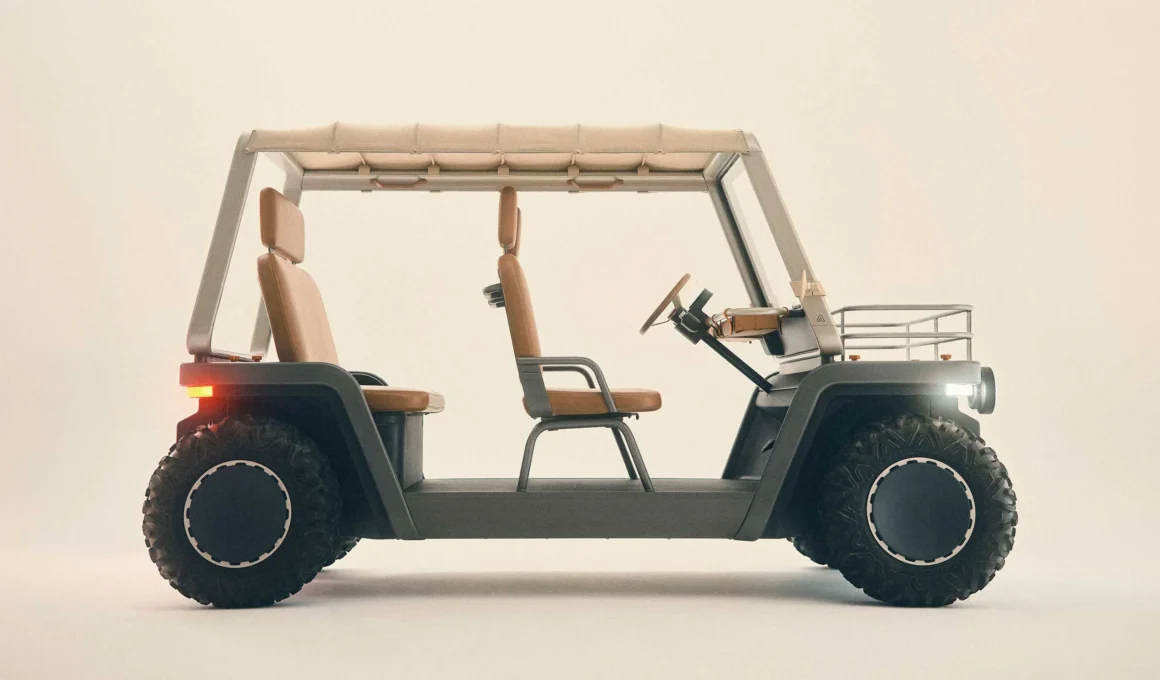 Amble One street-legal electric buggy side profile, aluminum frame, cotton canvas roof, leather seats, 28-inch off-road wheels, studio shot 2026