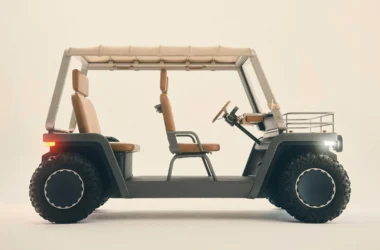 Amble One street-legal electric buggy side profile, aluminum frame, cotton canvas roof, leather seats, 28-inch off-road wheels, studio shot 2026