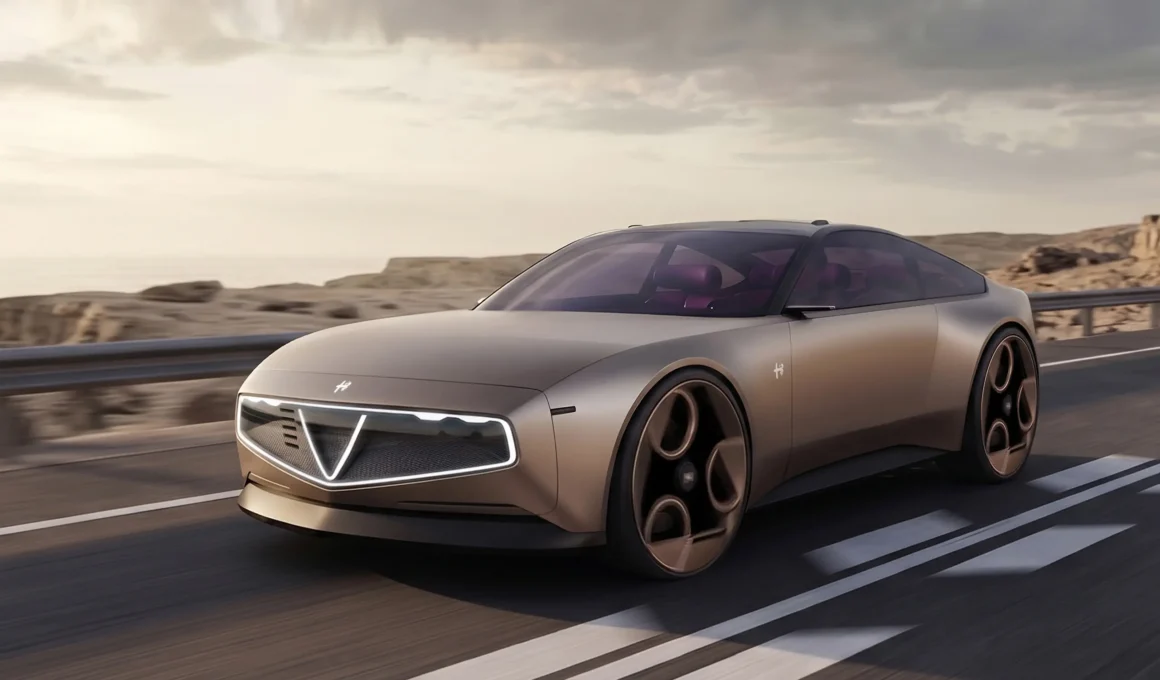Antonino Barone Alfa Romeo Junior concept car 2026, matte champagne exterior luminous triangular shield front view, coastal road motion render
