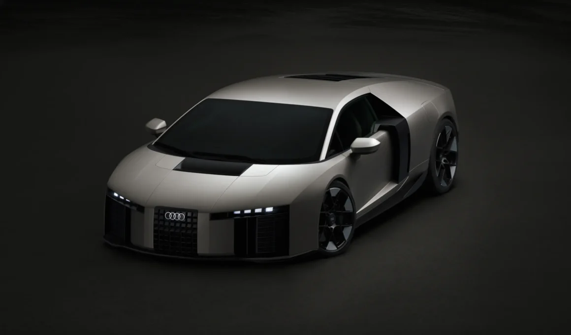 Audi Nuvolari hybrid supercar near-production prototype, three-quarter front view, Titanium paint, Vertical Frame grille, segmented LED daytime running lights, dark studio