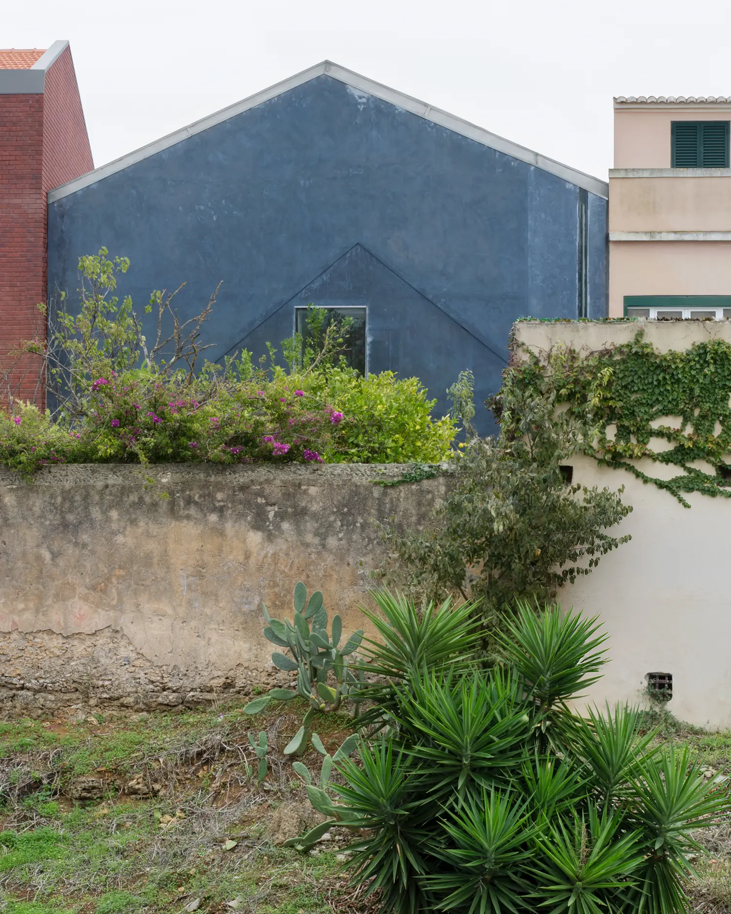 Blue House extrastudio Marvila Lisbon rear garden facade blue gable neighborhood context vegetation old wall