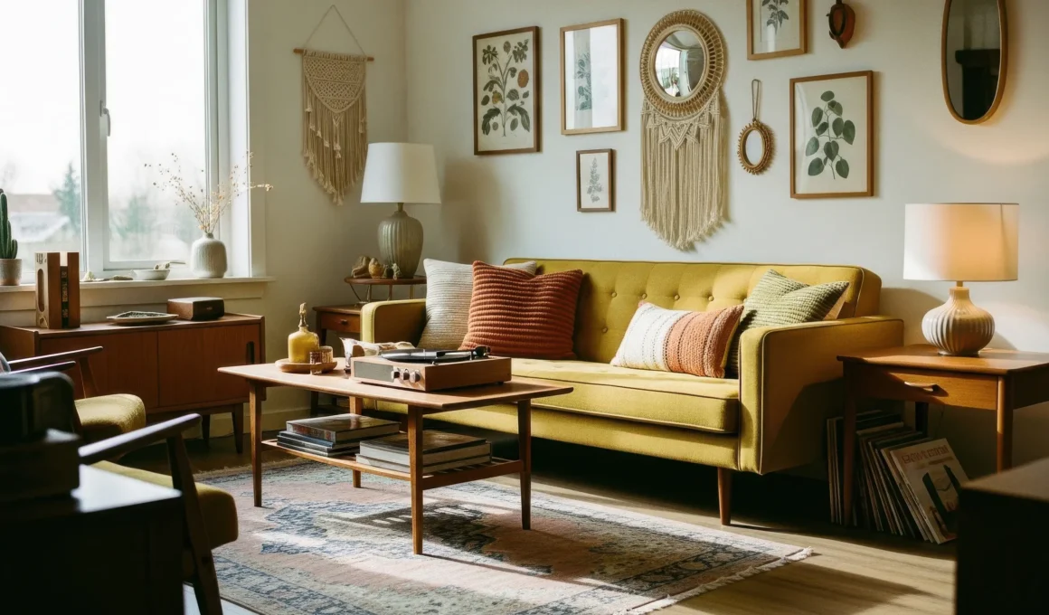 Bohemian living room warm palette mustard sofa macrame wall art vintage furniture natural light hardwood floor