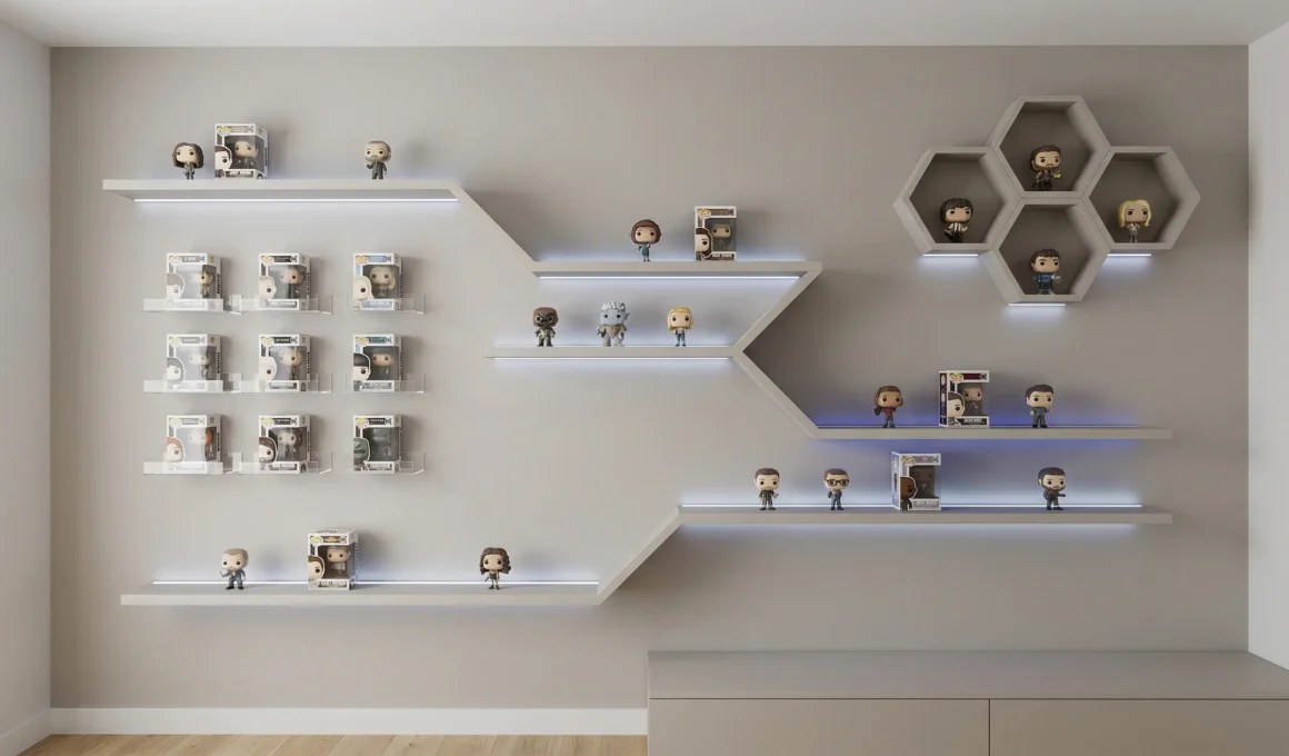 Funko Pop display wall floating LED shelves zigzag acrylic risers hexagon wall units mixed formats