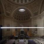 Threshold Emilio Ferro, white light beam crossing interior of Chapelle Expiatoire, marble floor, neoclassical dome, Paris 2026