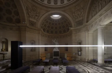 Threshold Emilio Ferro, white light beam crossing interior of Chapelle Expiatoire, marble floor, neoclassical dome, Paris 2026