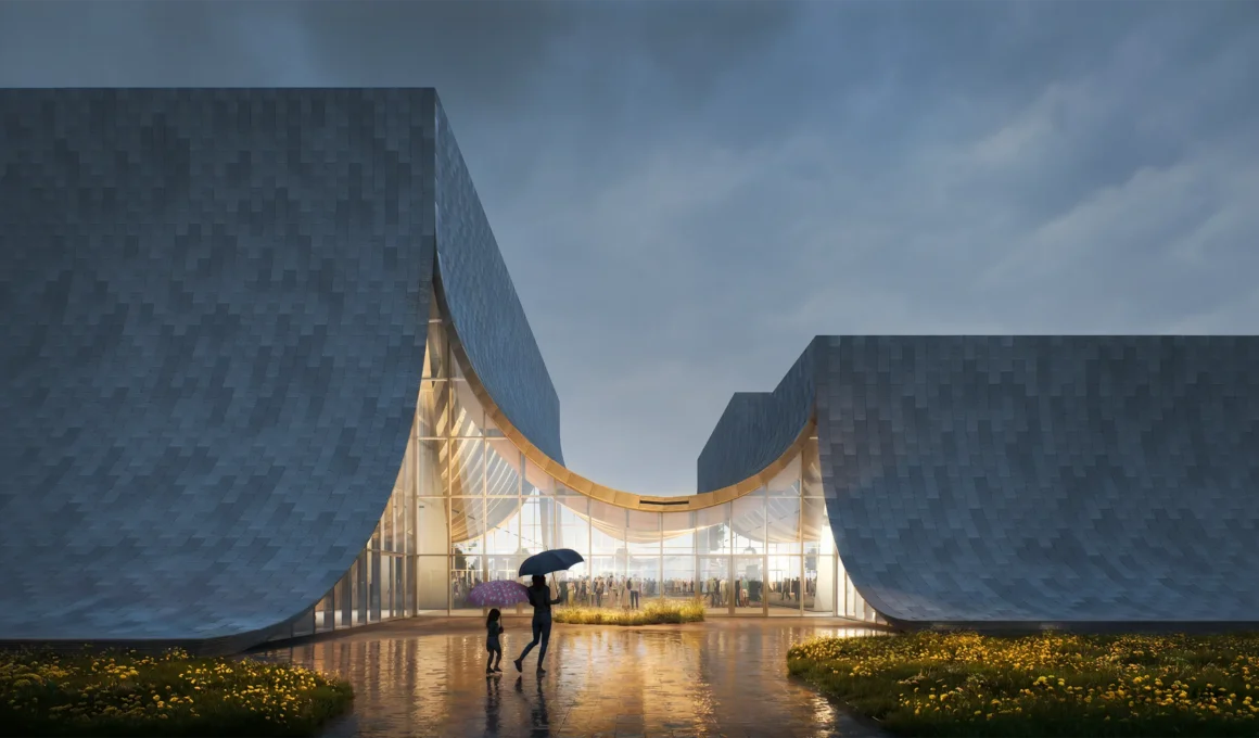 EVE Music Hall BIG Bjarke Ingels Group limestone facade entrance foyer evening two volumes Slavonia