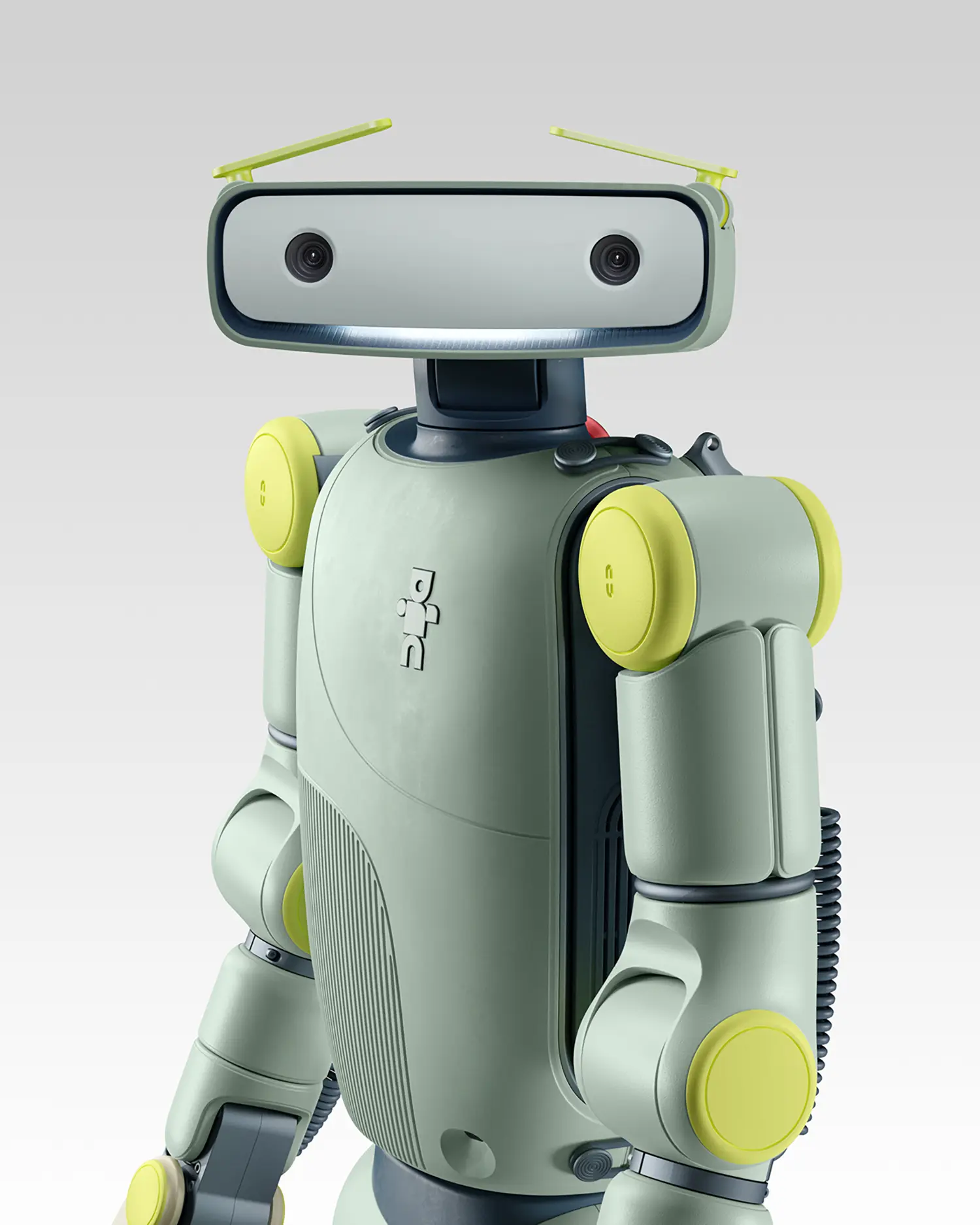 Fauna Robotics Sprout Creator Edition humanoid robot render, mint-green body, yellow-green joint accents, rectangular head, antenna eyebrows, neutral background