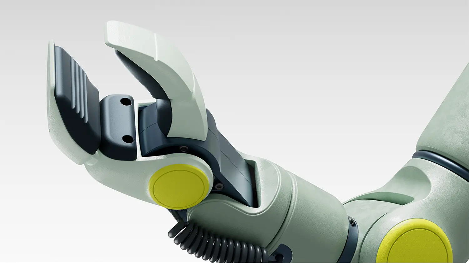 Fauna Robotics Sprout humanoid robot hand detail render, articulated gripper, mint-green and dark grey fingers, yellow wrist joint, neutral background